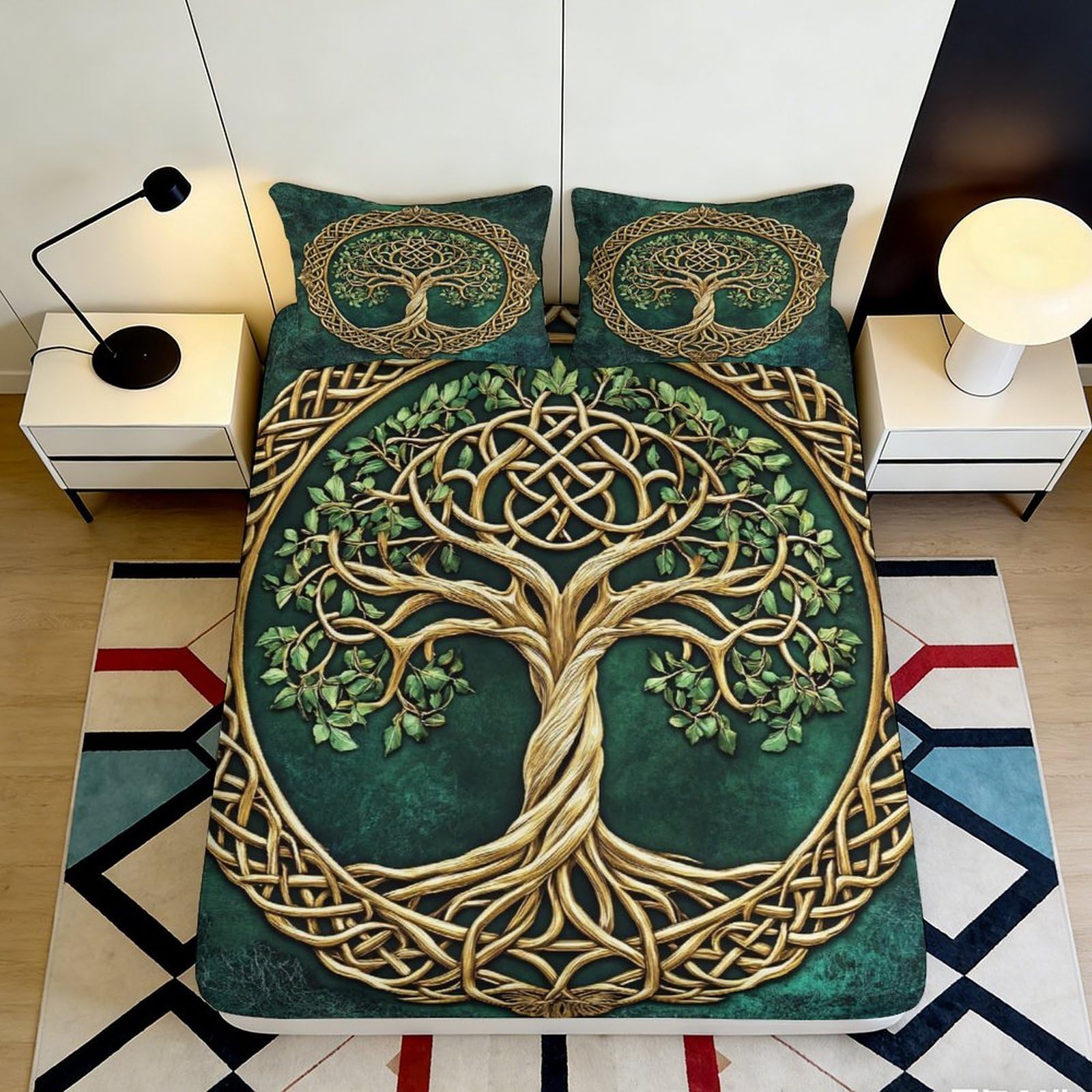 3D Printed Celtic Tree of Life Fitted Sheet Microfiber Green Nordic Knot Bed Cover Bedroom Decor Anti-slip Washable 200x200x25cm