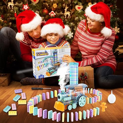 Miniatura 6 de Neragron Juego de juguetes de tren de dominó para niños, 80 piezas de bloques de dominó de tren eléctrico con vapor, luces y música, juguete