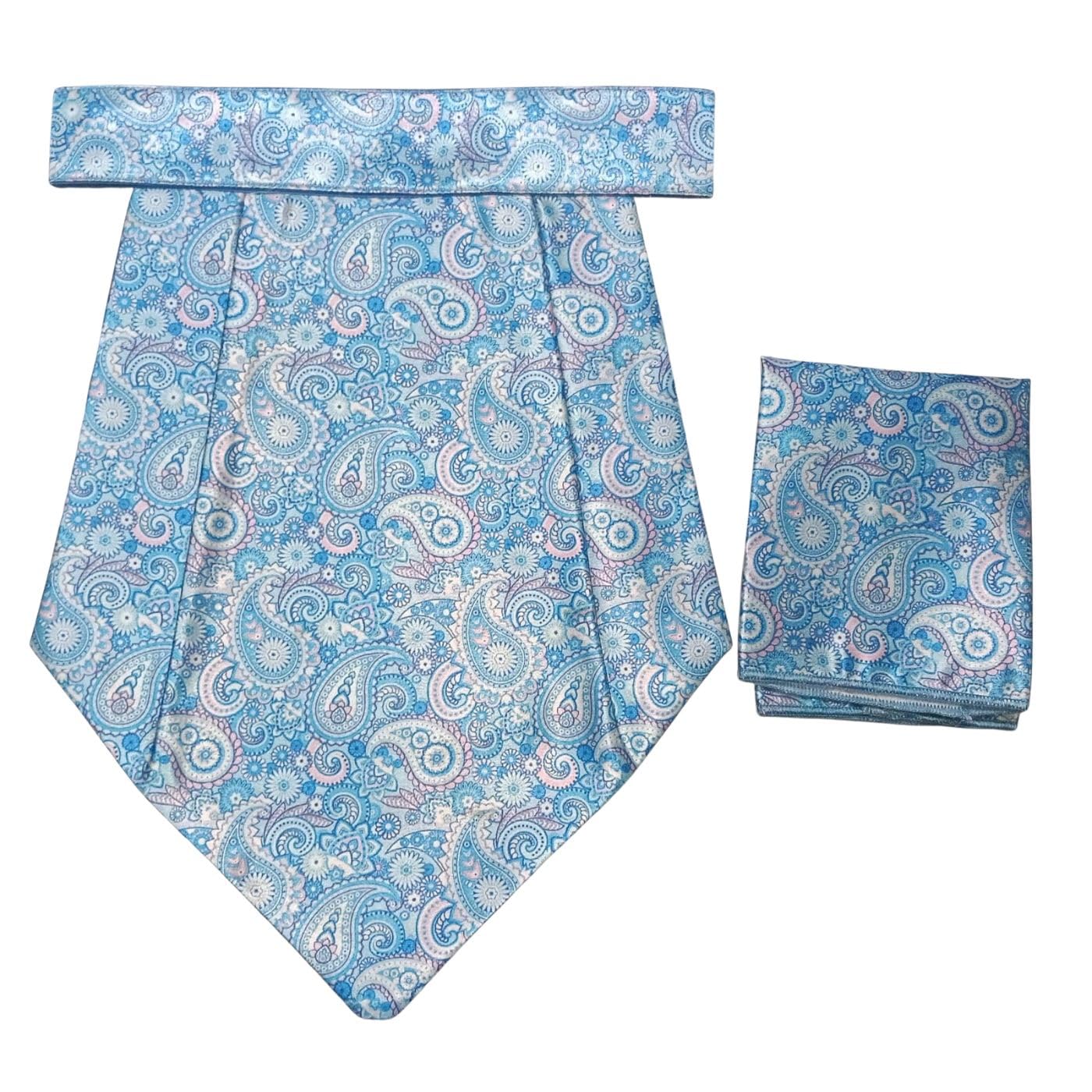 calixto Men's Pre-Tied Ascot Cravat Tie & Matching Pocket Square Set | Luxury Paisley Floral Jacquard Woven Formal Wedding Party Business Dress Neckwear | Sky Blue & White-picture-32