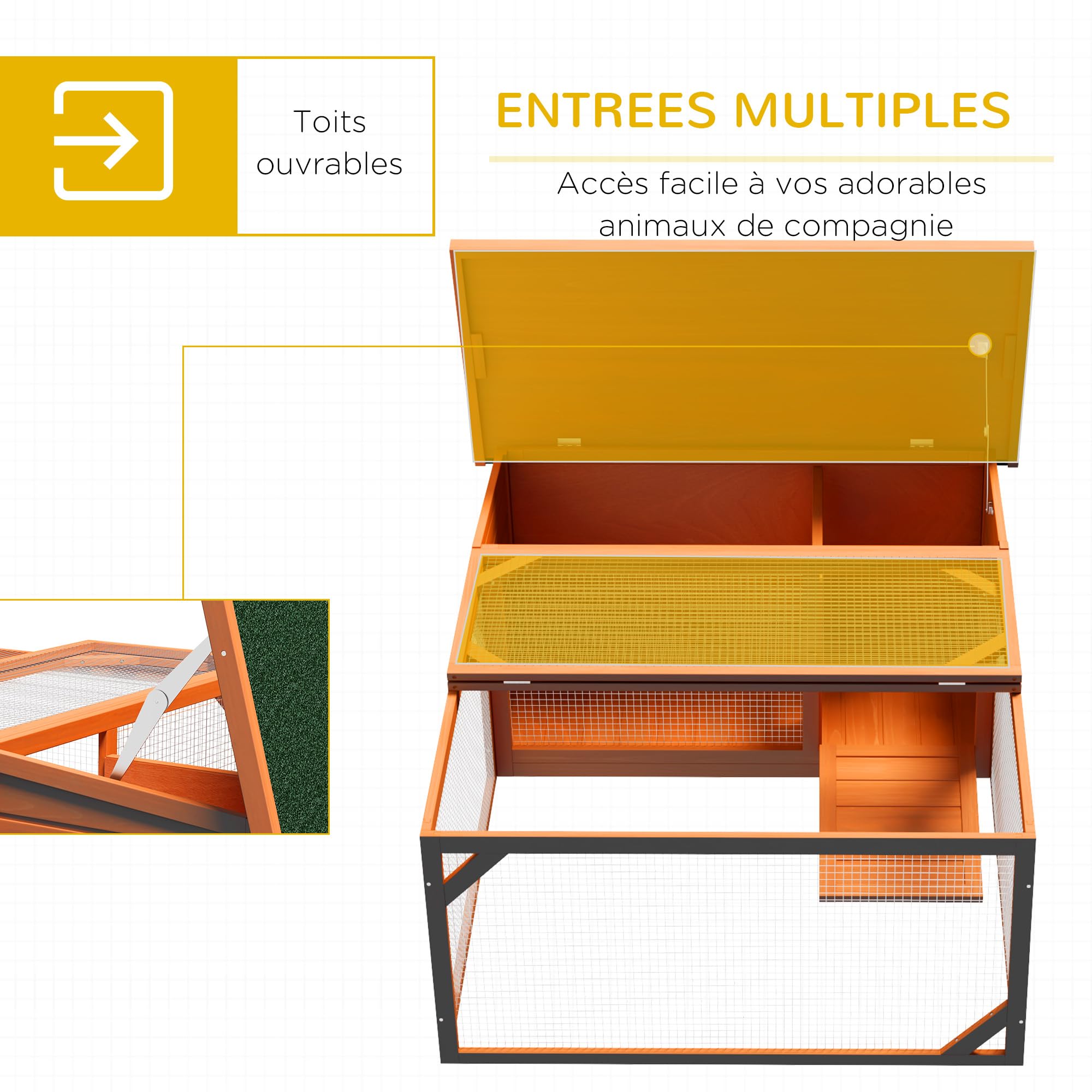 PawHut Clapier d'extérieur, Cage Lapin avec enclos, Toit en Asphalte, Cage à Lapin en Bois, pour Petits Animaux, cochons d'Inde et Canards, 125,5 x 100 x 49 cm, Orange