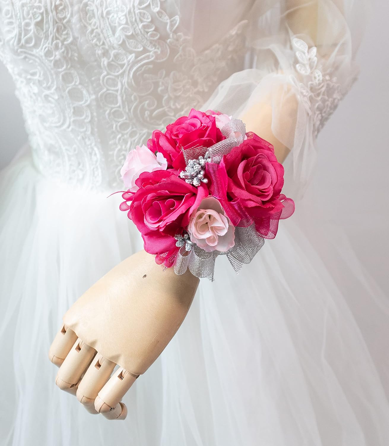 Ansuma Hot Pink Rose Corsage Boutonniere Set Real Touch Flowers for Men and Women, Bride Bridesmaid Groom Fuchsia Wedding Flowers Accessories Prom Party Dinner Dance Anniversary (Fuchsia) - Image 2