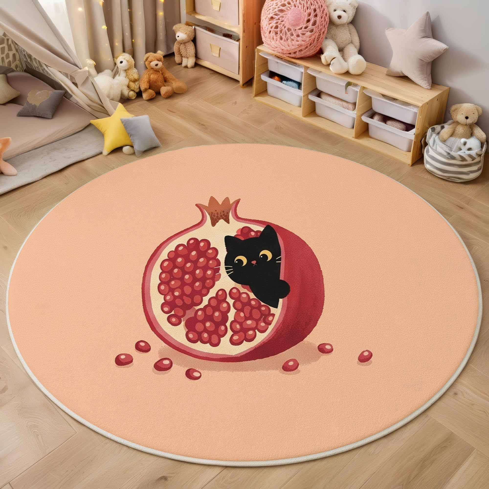 Frischer Obststil Kinderteppich, 160cm Kurzflor Rund Spielmatte Granatapfel Der Schwarzen Katze Runder Teppich rutschfest, Waschbare Spielmatte Deko-Akzent für Kinderzimmer & Leseecke
