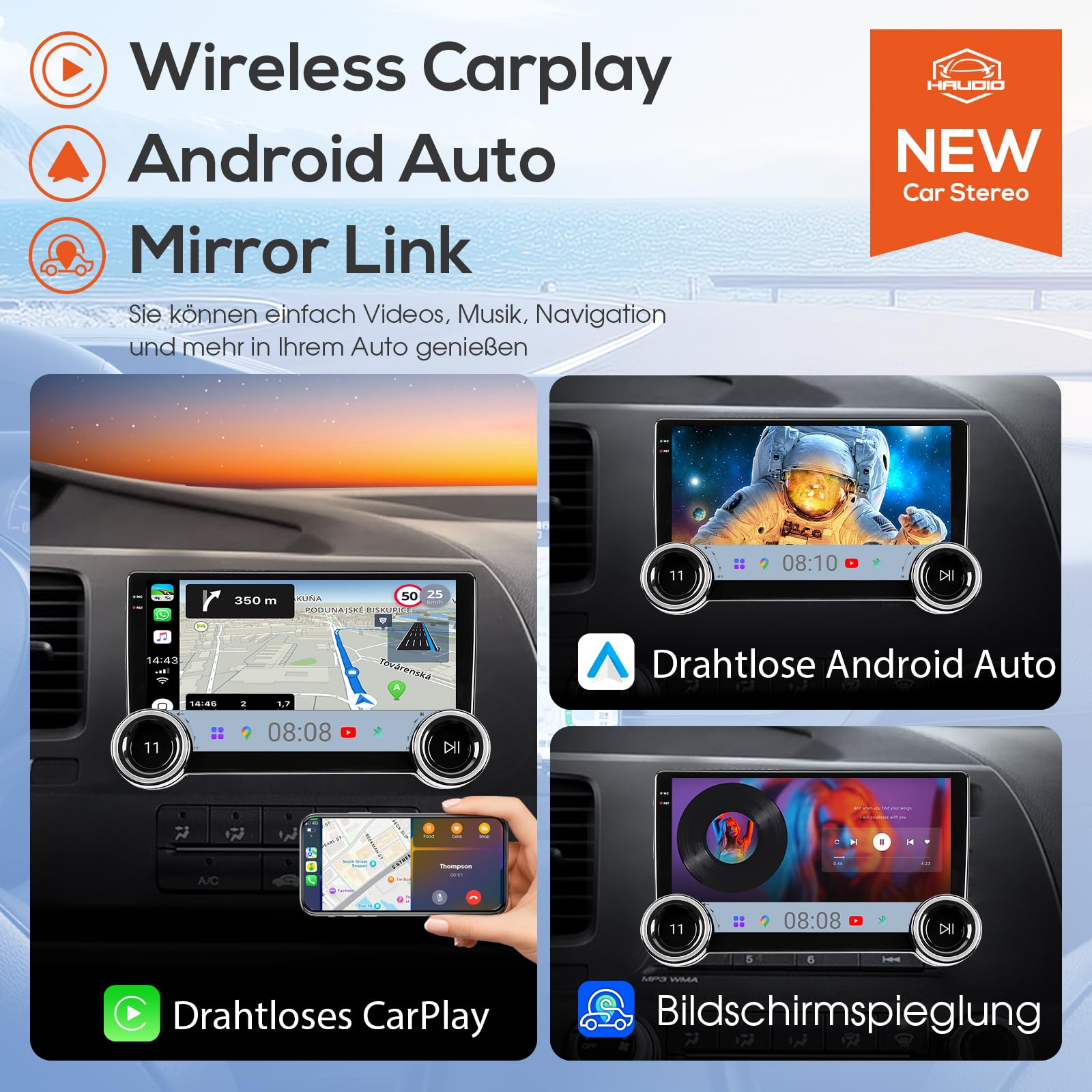 Haudio 10,1-Zoll-Autoradio mit Wireless CarPlay & Android Auto, 2-DIN-Bluetooth-Autoradio mit Rückfahrkamera, Mirror Link, Sprachassistent, AM/RDS/FM, für alle Fahrzeuge mit Doppel-Drehknopf, 2G+64GB