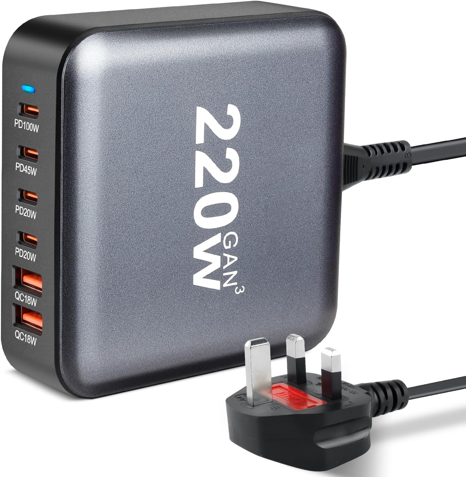 6 Port USB Charger, 220W Charging Station Multi USB Plug Fast Charging GaN Charger PD 100W USB C Charger Station for iPhone 15,14,13,12,11, iPad Air, MacBook Pro, Galaxy S24, S23