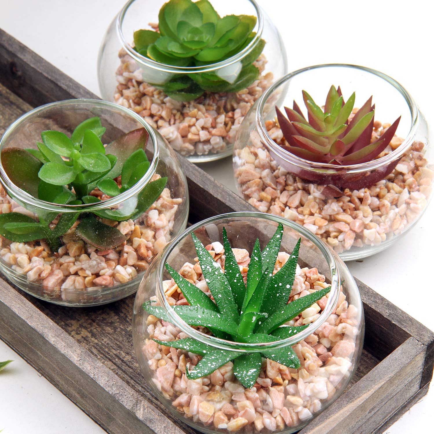 Briful Lot de 4 petites plantes succulentes artificielles en pot, fausses plantes grasses décoratives dans des pots géométriques en verre pour la maison, le bureau, la cuisine, la salle de bain, la