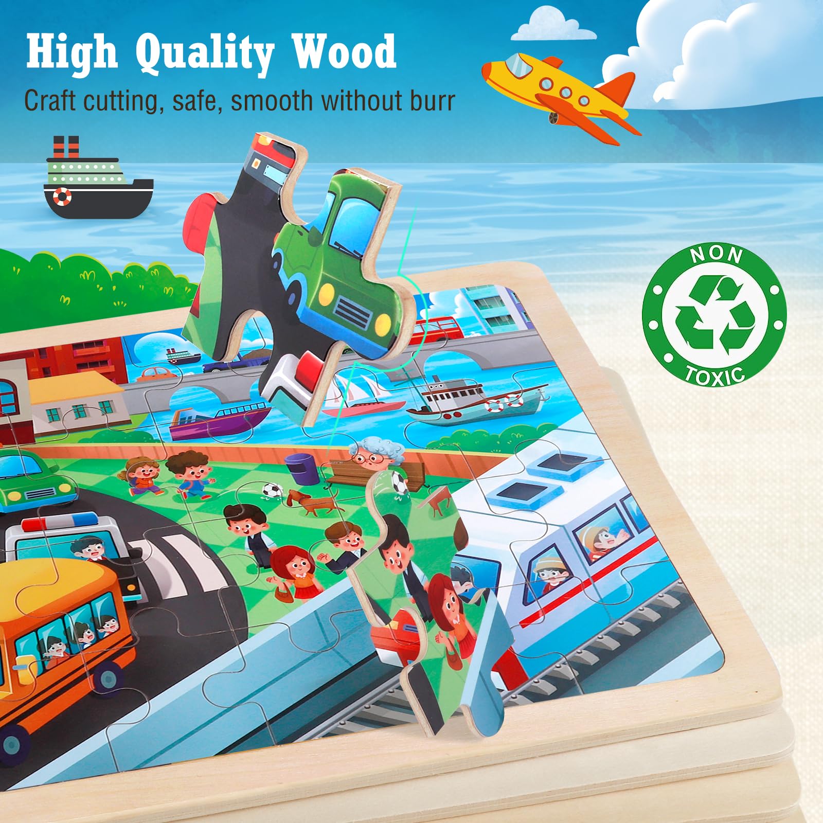 Juego de 4 Puzzle de Madera para Niños, Rompecabezas de 24 Piezas, Puzzle Juego de Coches de Juguete, Juguete Educativo para Infantiles de 3 4 5 6 años, Juguete de Regalo para Niña Niño