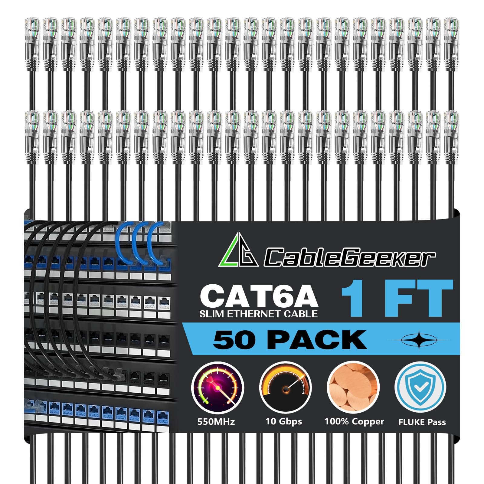 CableGeeker Patch Cables Cat6a 1ft (50 Pack) Slim, Cat6 Ethernet Patch Cable 10G Support, Snagless RJ45 Cat 6 Patch Cable for Patch Panel to Switch,