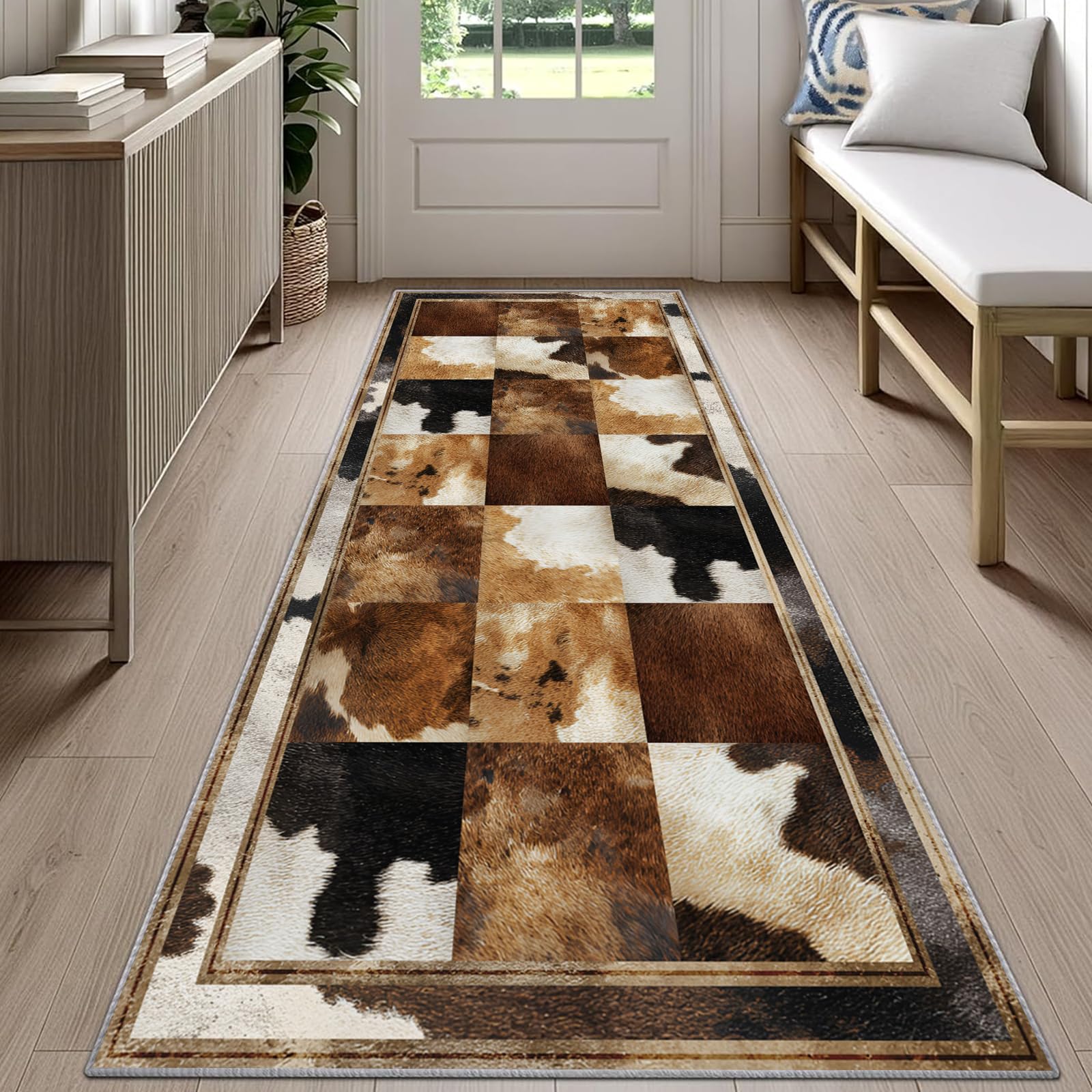 Western Cowhide Runner Rug for Entryway 60x120cm Rustic Cowhide Carpet Runner, Brown Cow Print Long Narrow Rug, Washable Non-Slip Carpet for Kitchen Hallway Laundry