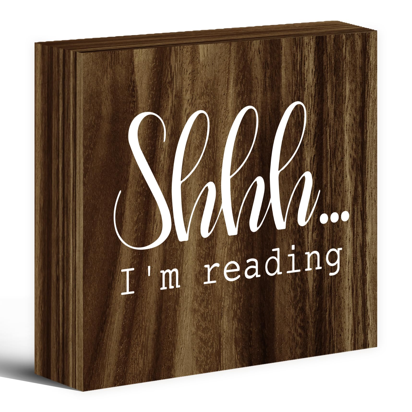 Shhh I'm Reading Book Lovers Wood Box Sign Desk Decor, Library Book Nook Book Club Saying Wooden Block Sign Decorations for Reading Corner Bookworm Classroom Office Wall Tabletop Shelf Decor