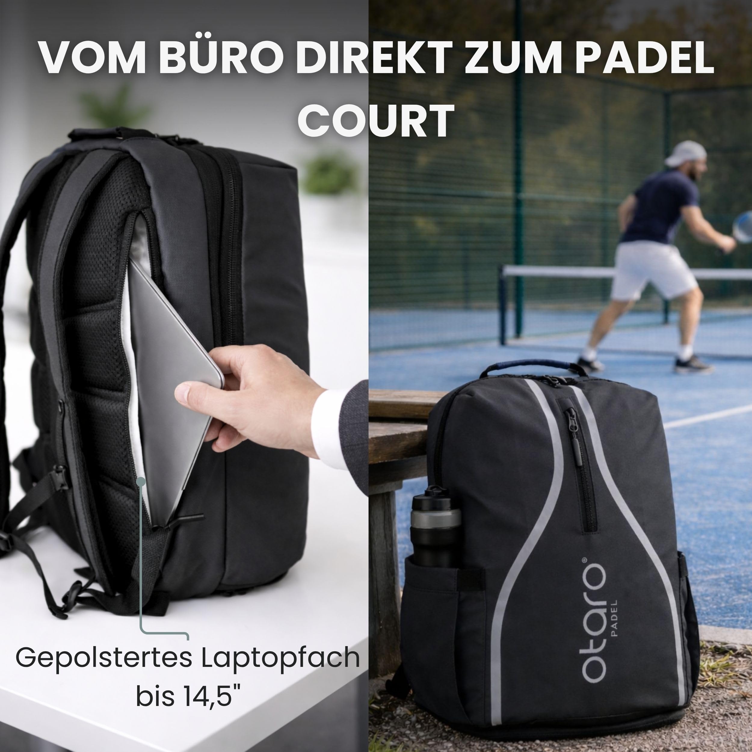 Otaro Padel Rucksack mit Schuhfach, Schlägerfach & Laptopfach | 35L | Padel Tasche für 2 Schläger, Kleidung & Zubehör | Belüftet, Gepolstert & Stylisch | Tennistasche für Herren & Damen