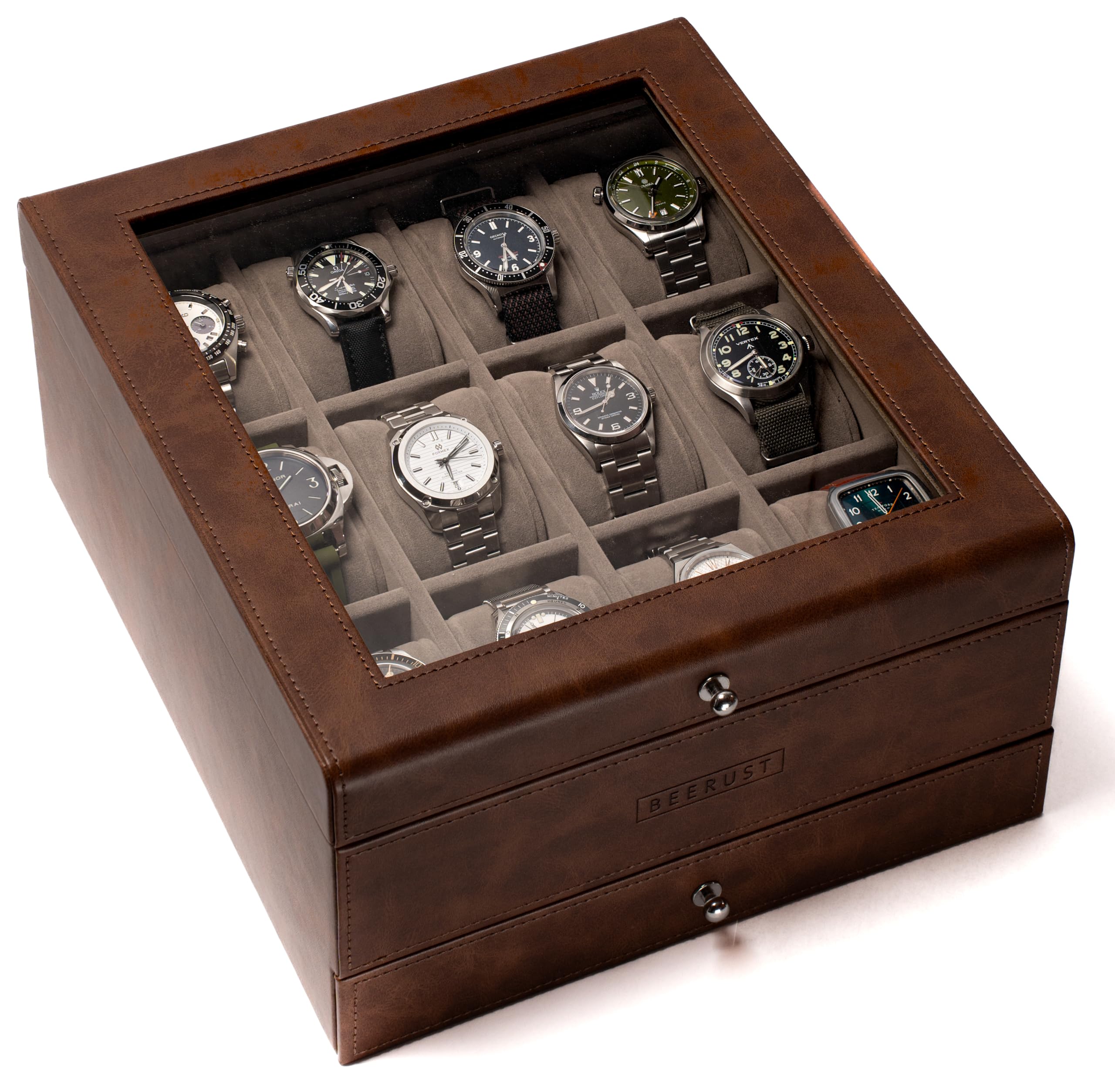 Watch box organizer for men - Leather watch case - For large mens wrist watches - Mens jewelry box organizer - Watch case - With mens valet drawer - Watch display case - 12 slot watch box