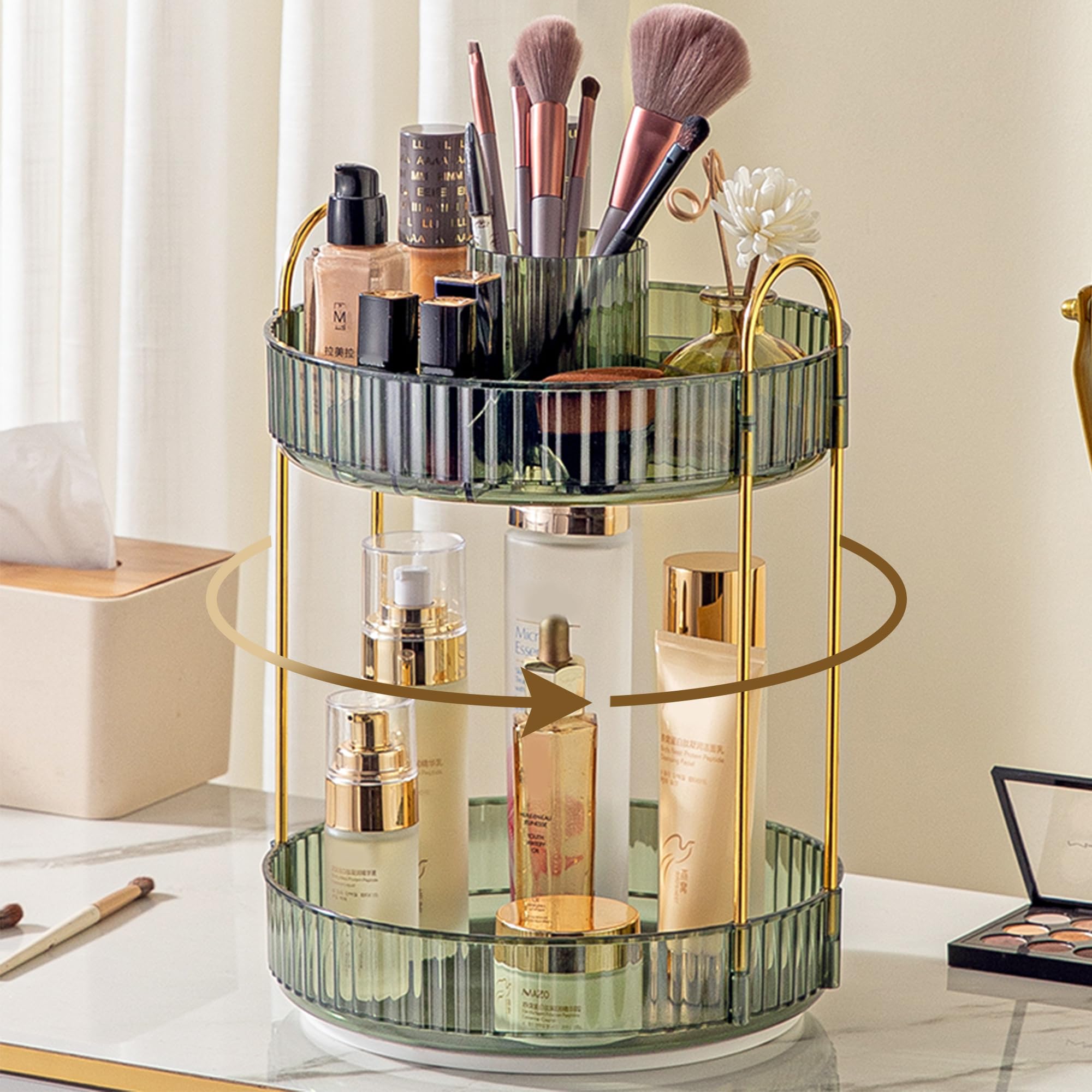 Aveniee Rotating Makeup Organizer for Vanity, Upagraded Perfume Skincare Bathroom Counter Organizers with Brush Divider, 2 Tier Spinning Lipstick