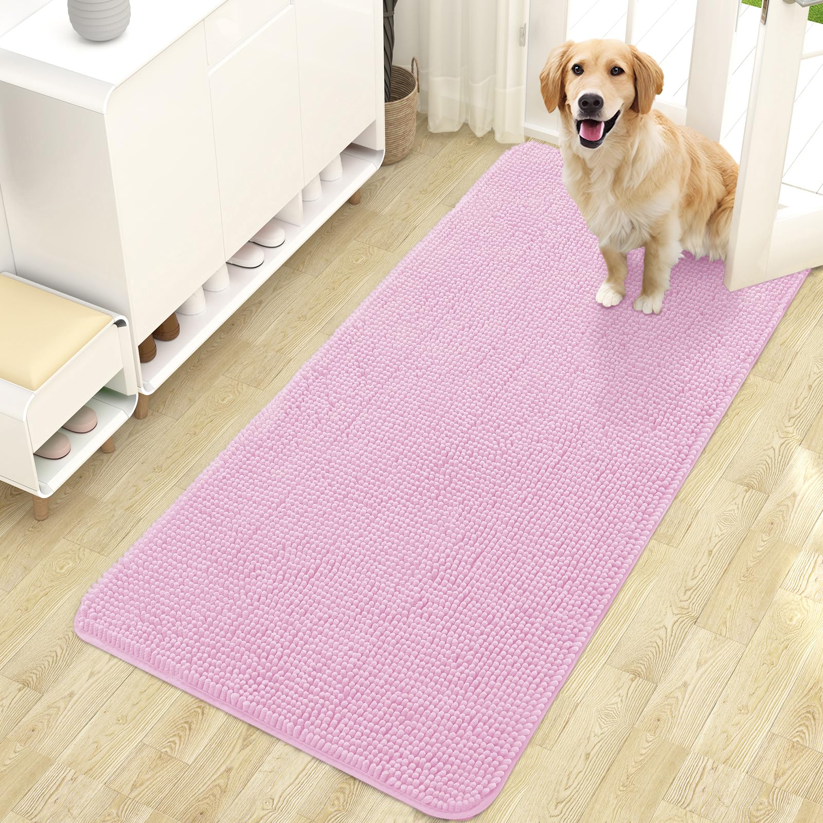 OLANLY Dog Door Mat with Muddy Paws, Absorbs Moisture Dirt, Absorbent Non-Slip Washable Quick Dry Dog Door Mat, Indoor Entrance Mat for Indoor Floor, Pink