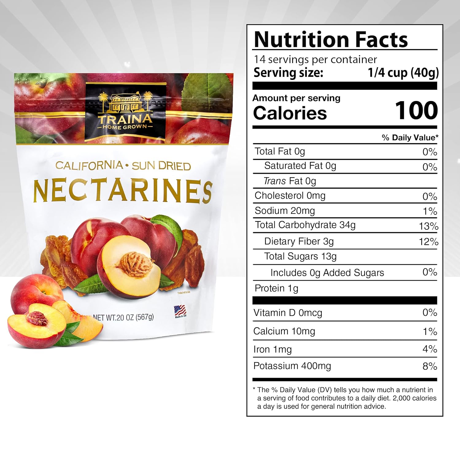 Traina Home Grown California Sun Dried Nectarines - Healthy & Non-GMO, Sweet Flavor, Sun Dried Fruit, No Sugar Added, Perfect Snack In Resealable Pouch (20 Oz)