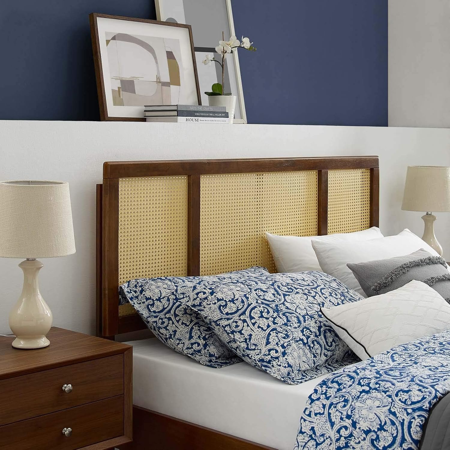 Pemberly Row King Headboard, Cane Rattan and Rubberwood, Walnut Finish, 78" W x 22.5" H, Tropical Mid-Century Modern Style, Durable Master or Guest Bedroom Furniture