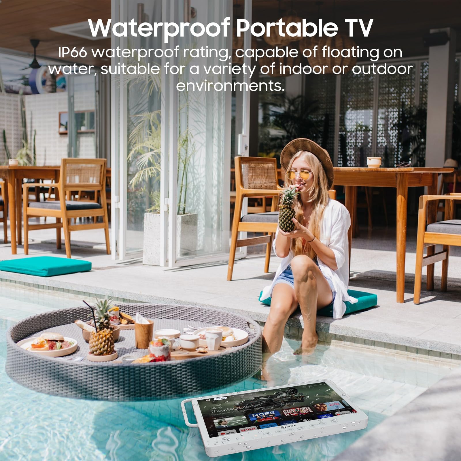SYLVOX Televisor portátil de 15,6 pulgadas | Google TV, batería de 10000 mAh (6 h de tiempo de funcionamiento) | IP66 resistente al agua | USB, WiFi, Bluetooth | 12 V pequeño televisor exterior para