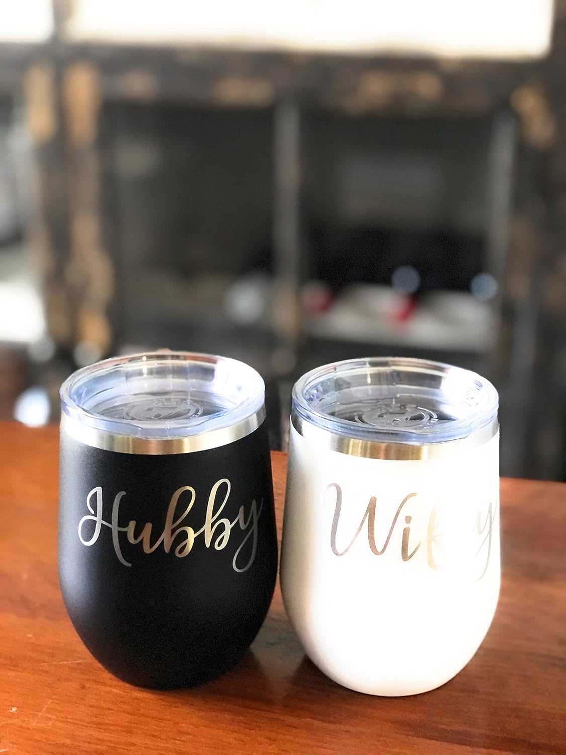 Wifey & Hubby 12 oz. Insulated Wine Glasses Set - Modern Engraved Wedding Gift Drinking Tumblers Couples Gifts Black/White, Wine Glass Set and Wedding Essentials