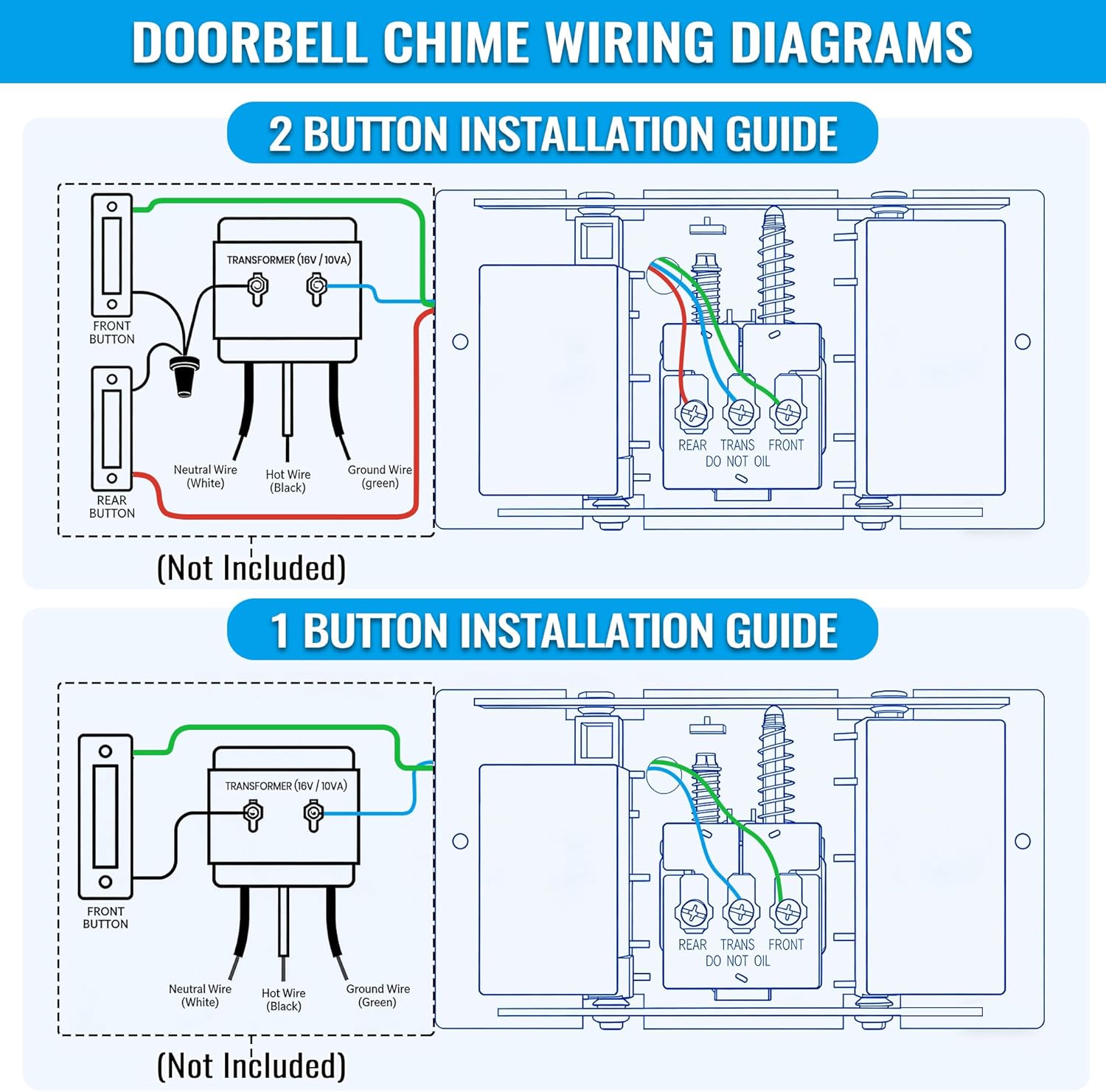 Saillong Wired Doorbell Chime, 16V 10VA Front and Rear Door Chime for Home Wall Inside, Compatible with Doorbell Botton and Transformer, Two Loud Sounds(Delicate Style)