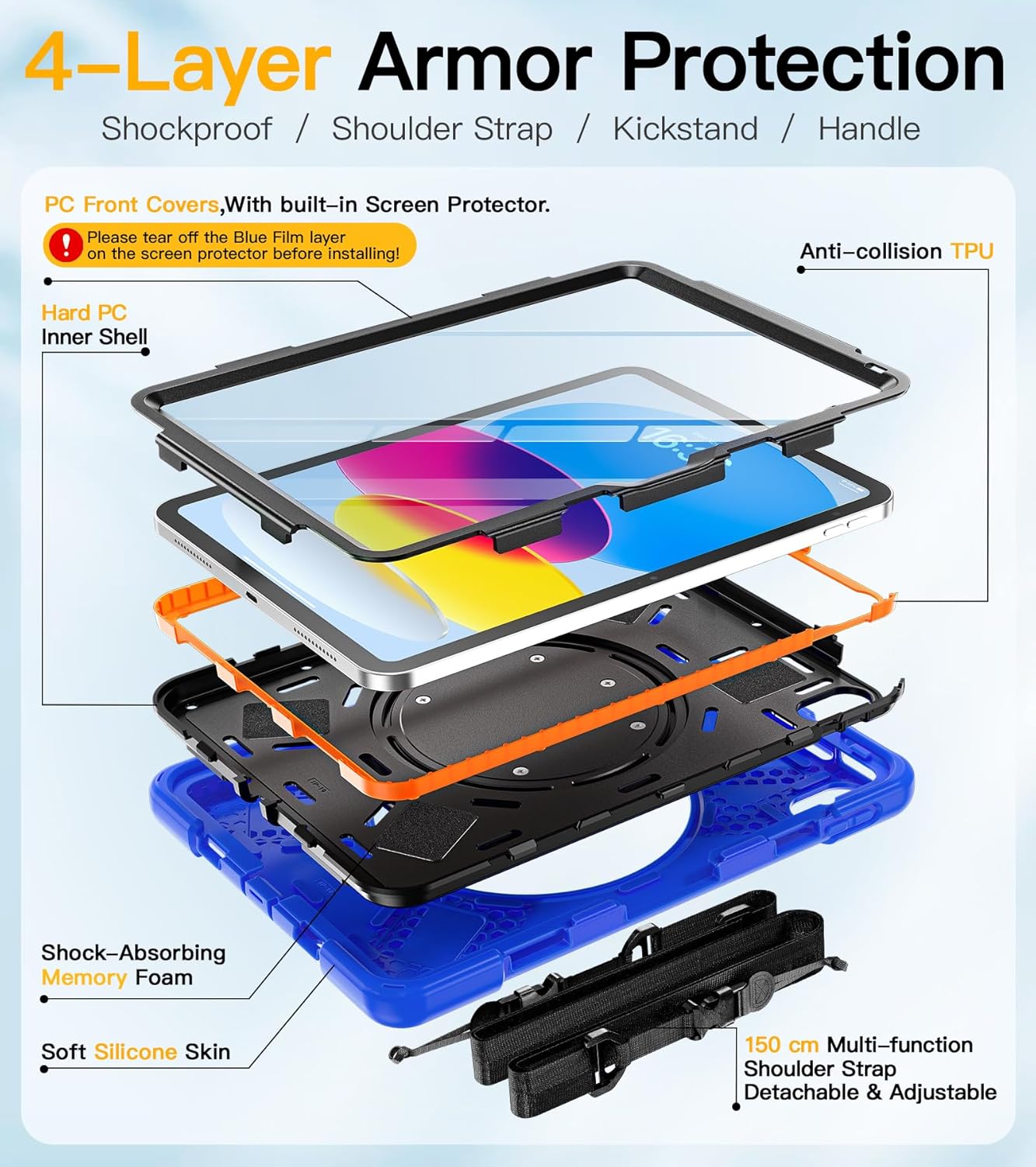 BRAECN Case for iPad (A16) 11th/10th Generation 11”/10.9'' 2025/2022-Rugged Silicone Cover for iPad 10th Gen w/Pencil Holder/Swivel Ring Stand/Screen Protector/Stable Kickstand/Shoulder Strap, Blue