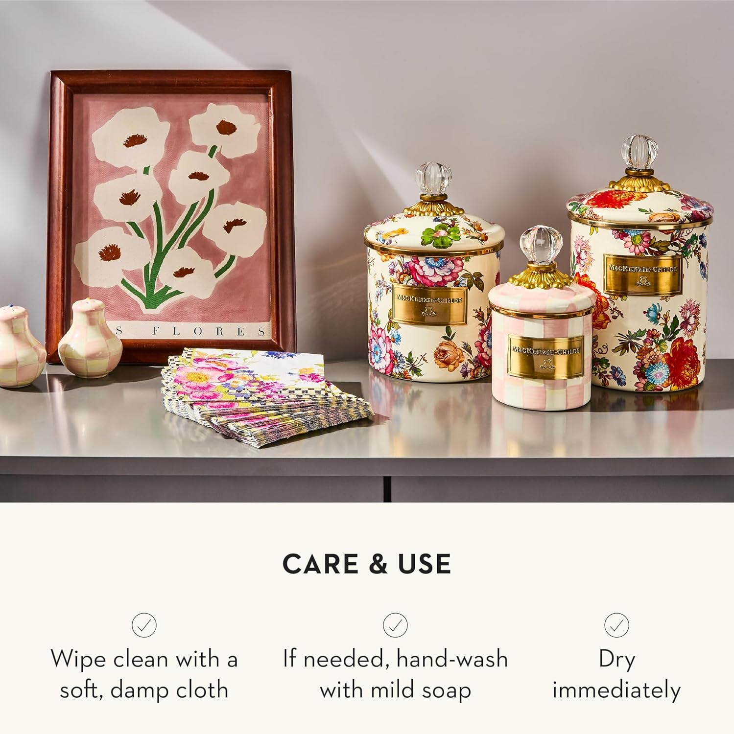 MACKENZIE-CHILDS Small Enamel Canister, Kitchen Storage Container for Flour and Sugar, 1.13 Liters, White Flower Market