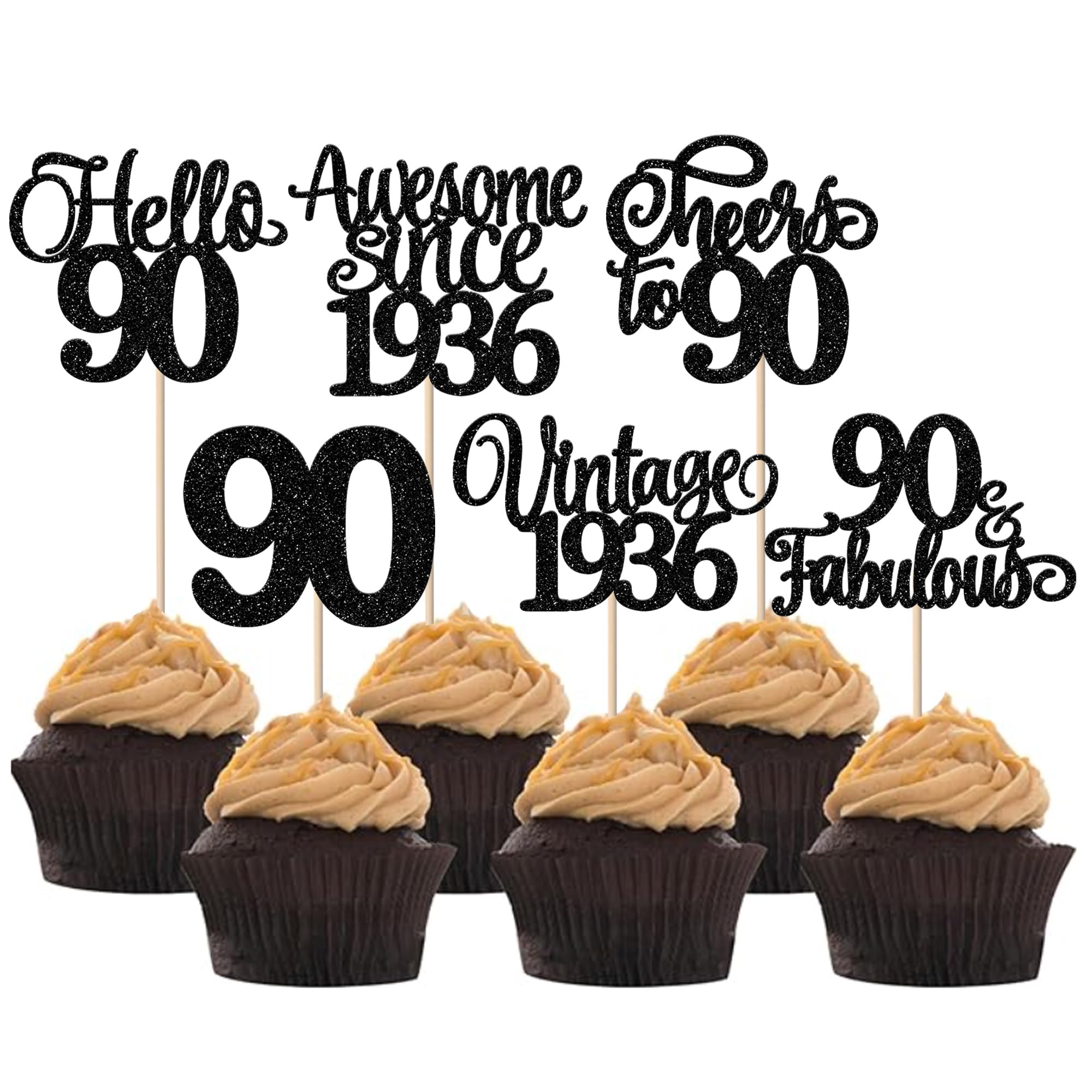 Xsstarmi 24 Pack Vintage 1936 Cupcake Toppers Glitter Black Hello 90 Fabulous Cupcake Picks Cheers to 90 Years Birthday Cake Decorations for Happy 90th Birthday Anniversary Party Supplies — image 1