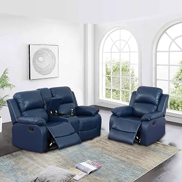 Manual Recliner Sofa Set Bonded Leather, 2 Piece Living Room Furniture Set, Reclining Couch and Chair Set with Cup Holder Recliner Loveseat+Recliner Chair, Blue