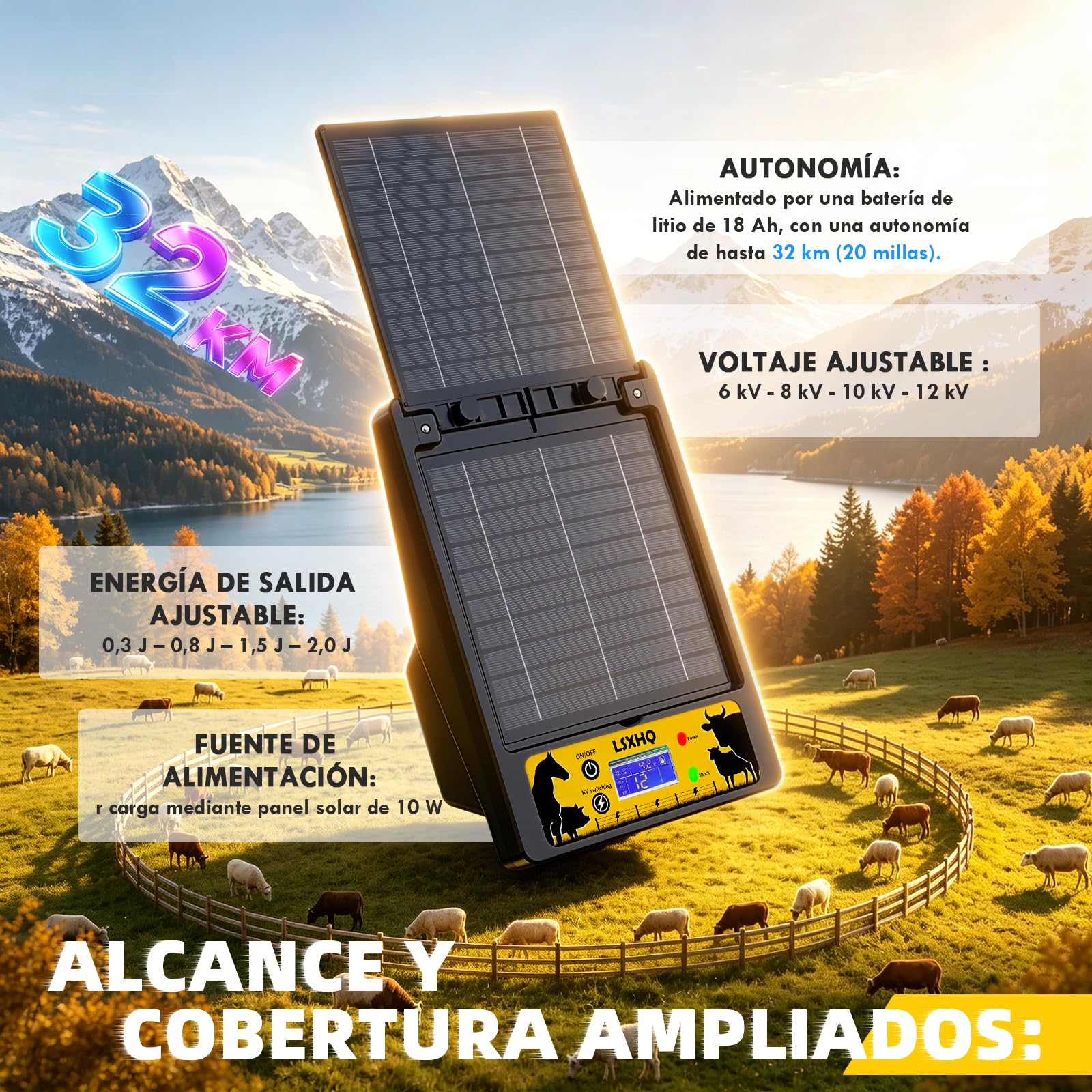 Electrificador de Cercas Solar para Alcance 32 KM, Batería de Litio 18000mAh, Electrificador con Panel Solar 10W, 0.3-2J, 6KV-12KV Ajustable, Protección para Aves de Corral, Ganado (Negro)