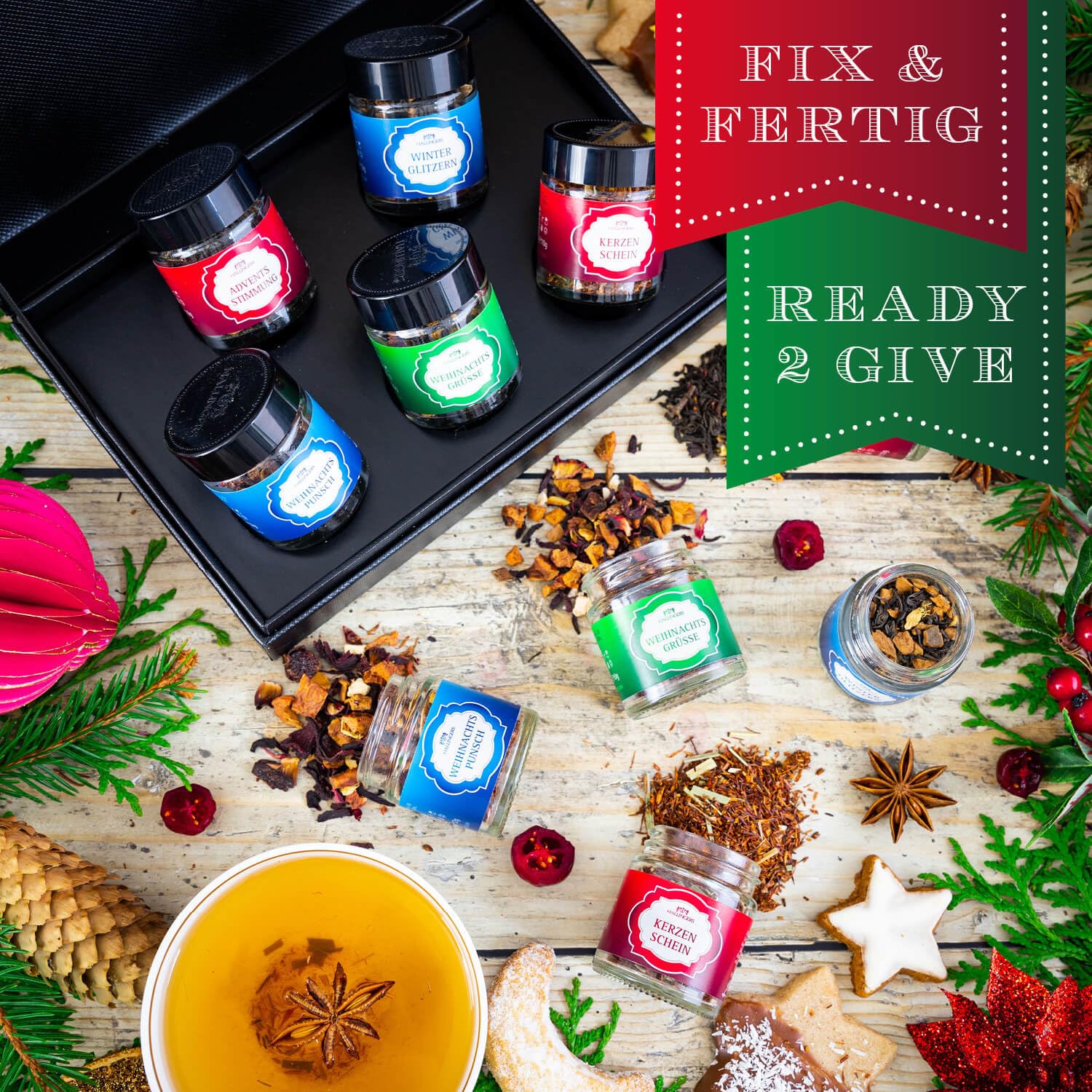 Hallingers Genuss Manufaktur Tee Weihnachts-Geschenk-Set - 5 Sorten premium loser Tee Probierset in edler Geschenkbox mit Rezept-Booklet "Frohe Weihnacht...", Weihnachten für Frauen Männer