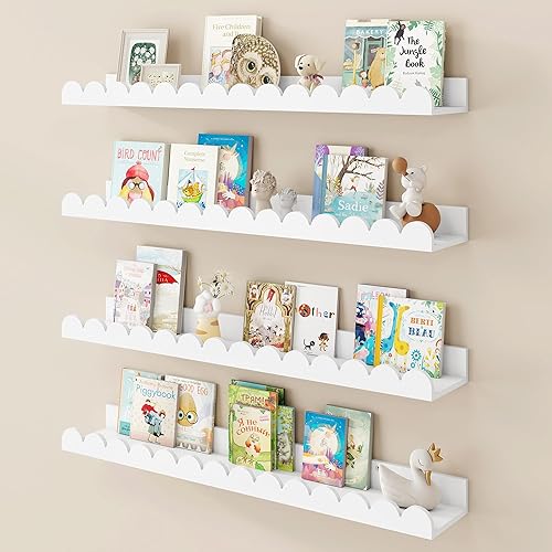 Miniatura 13 de Fun Memories - Estantería de 24 pulgadas en color blanco para habitación del bebé, con borde festoneado para pared, juego de 4, estantes flotantes