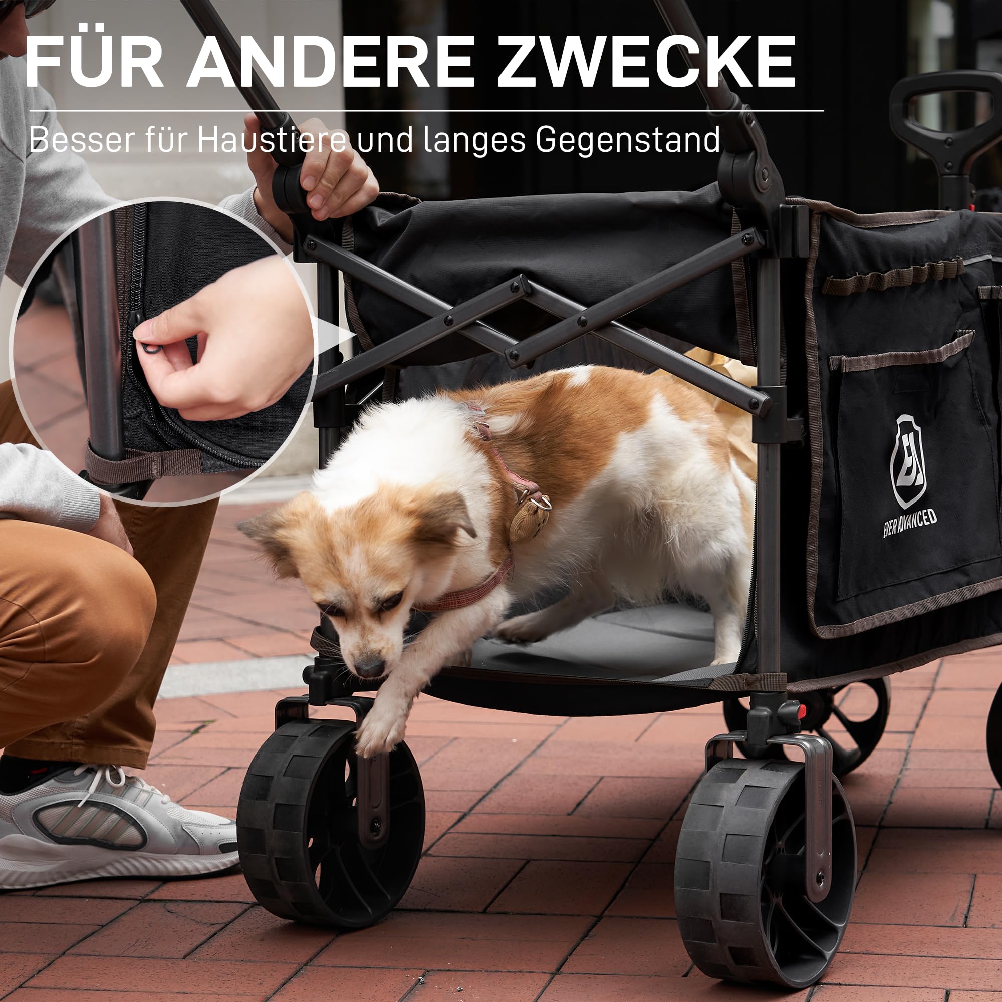 EVER ADVANCED XXL Bollerwagen faltbar 225L bis 150kg mit Bremse Dach Handwagen schieben&ziehen klappbar Strandwagen 20 * 8cm breite Räder Faltwagen für Camping Strand Einkauf Tier Schwarz Groß