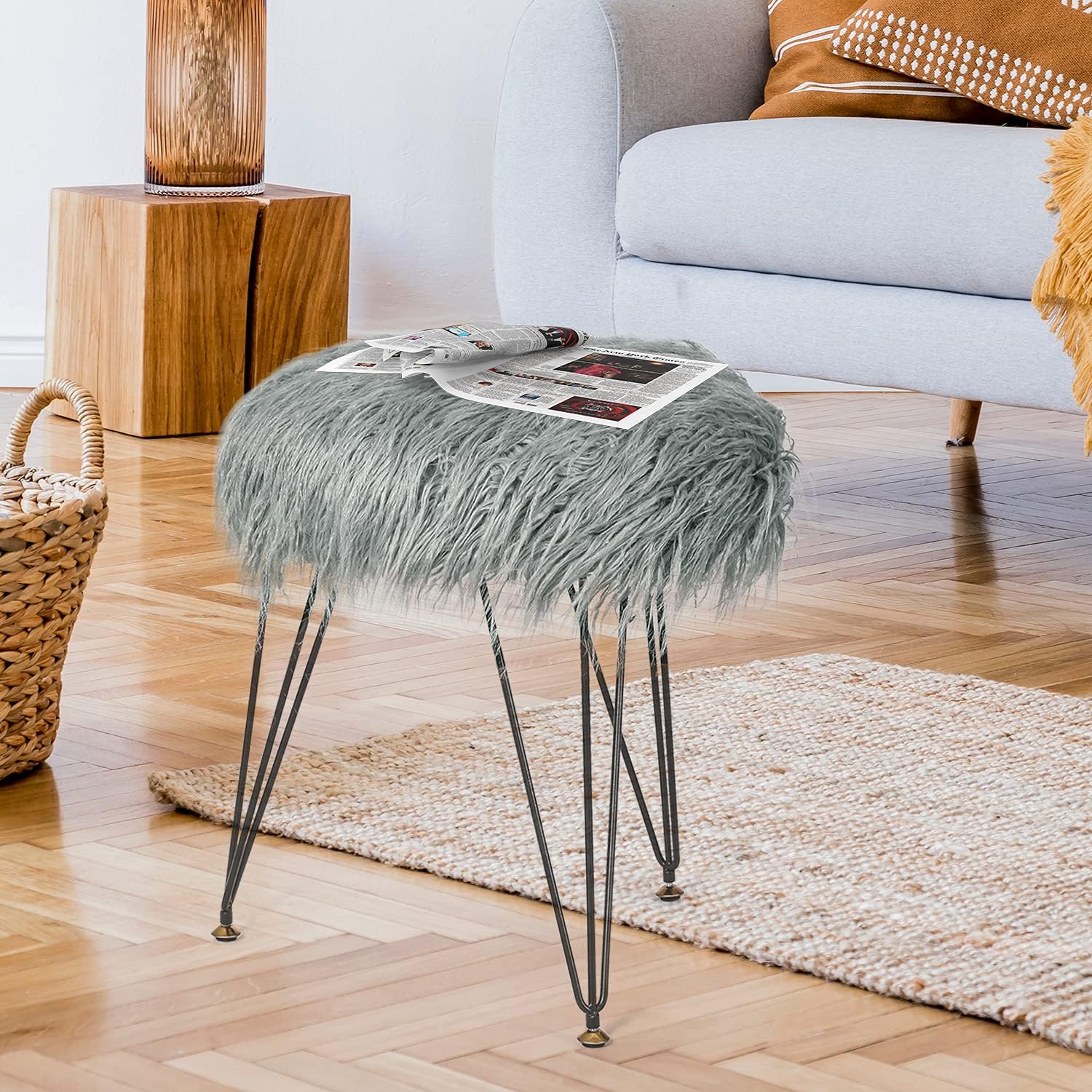 Joveco Vanity Stool Chair, Soft Compact Padded Seat with Metal Legs, Round Small Ottoman Footrest Stool for Makeup Living Room Bedroom (Grey)