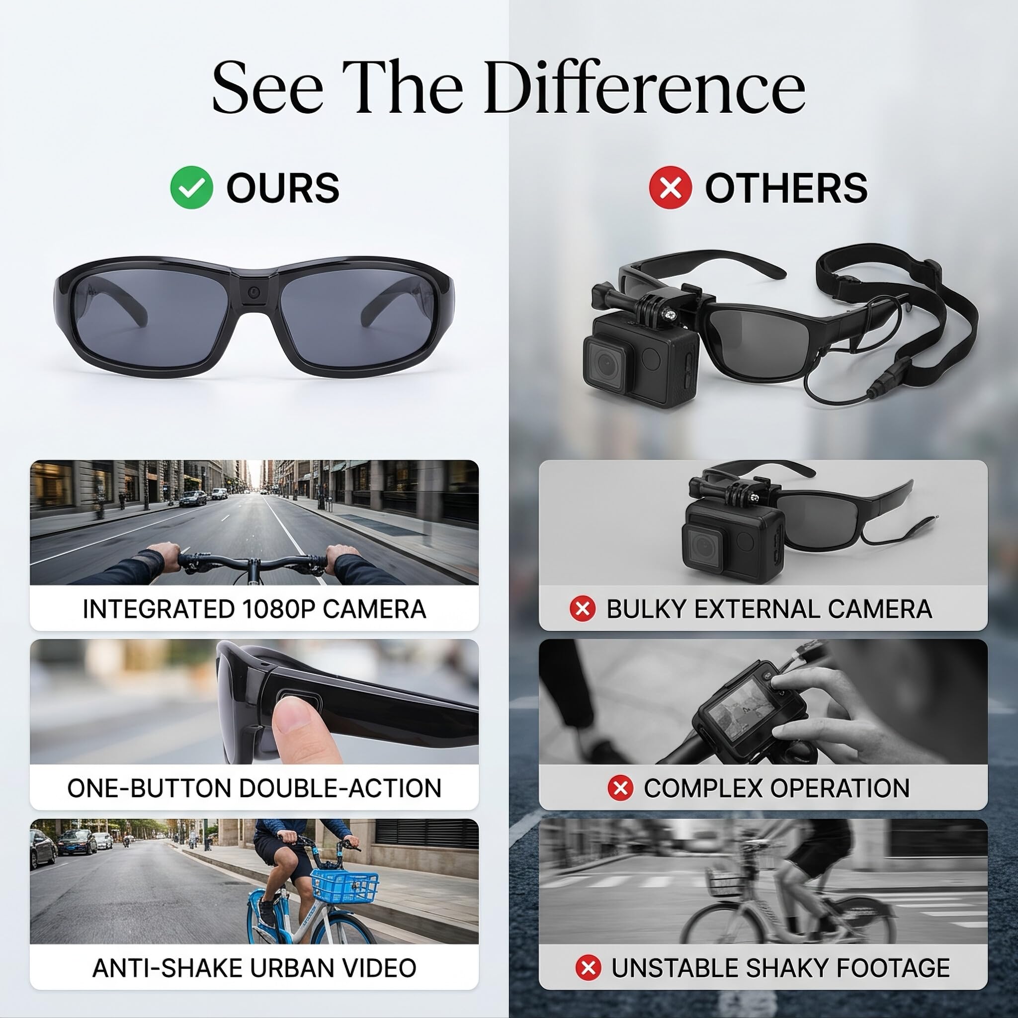 Annadue Gafas de Sol con Cámara 1080P, Lentes Gran Angular Antivibración, Gafas para Cámara de Acción Deportiva con Batería Incorporada, para Ciclismo y Actividades Al Aire Libre