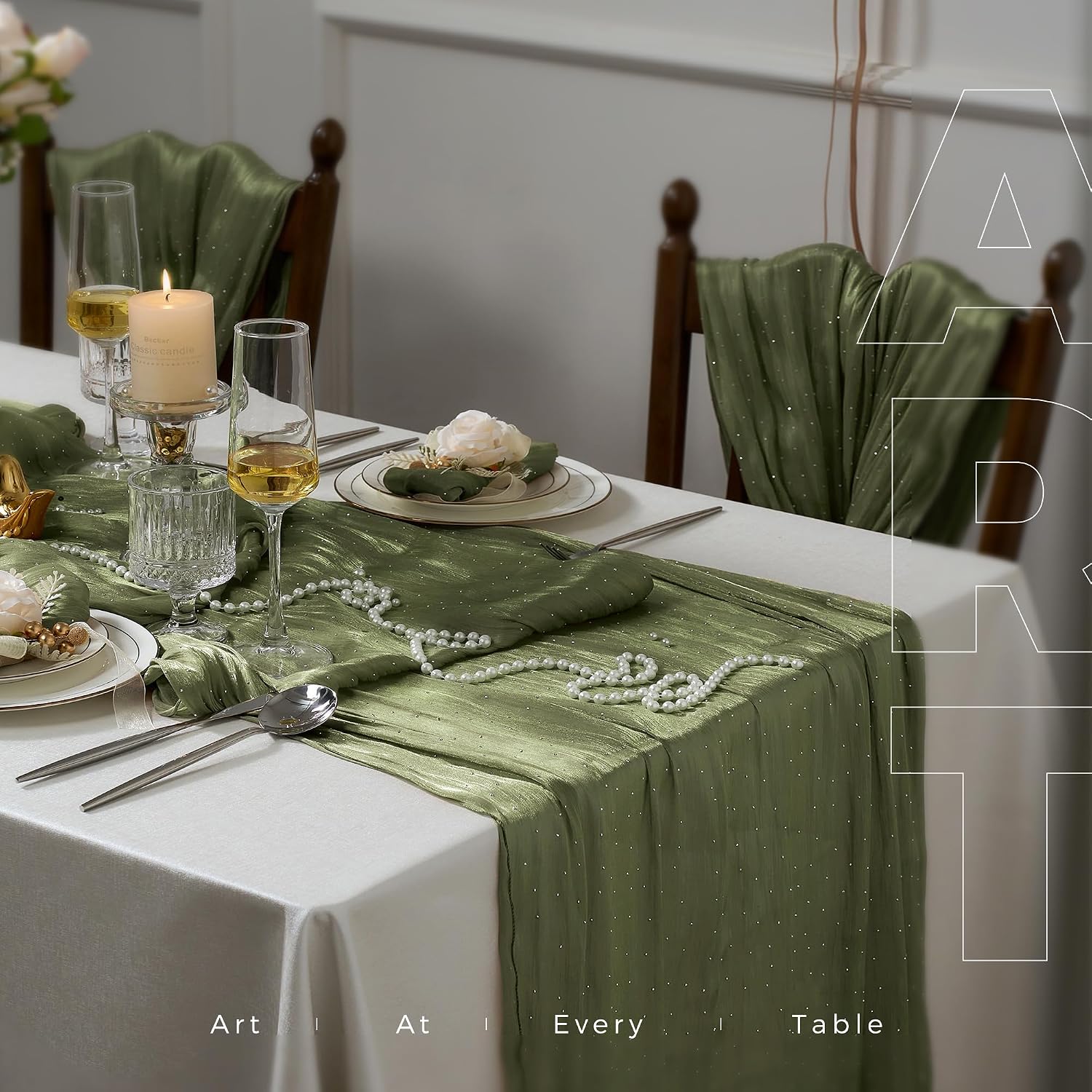 Leetaltree Dazzle Table Runner with Hot-fix Rhinestones-Luxury Scarf Table Runner 120 Inch 10FT -Elegant Gift Set with Card for Wedding,Christmas, Holiday & Home Decor (Forest Green, Set of 3) image 4