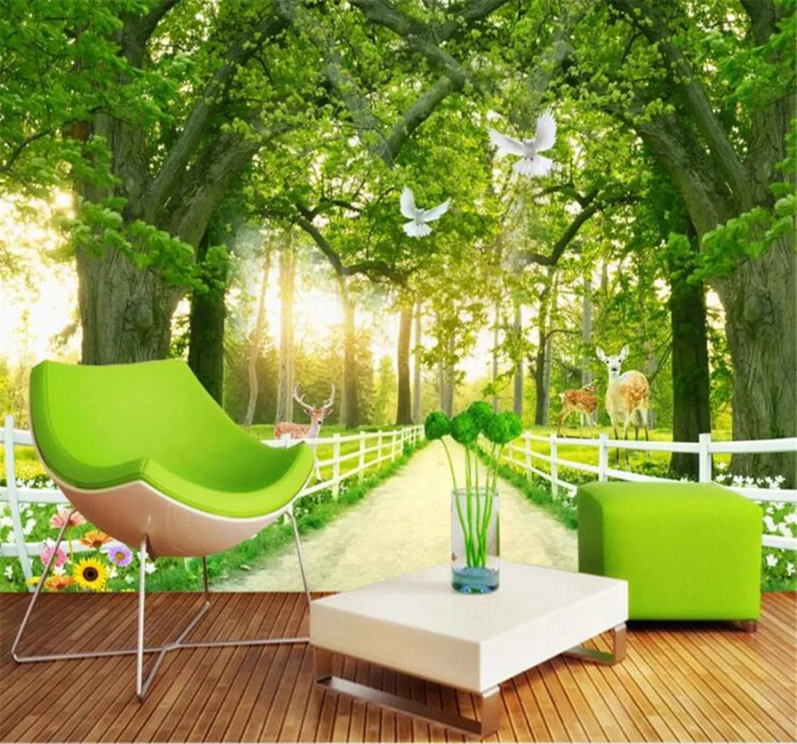 Tzxztt Fresh Green Woodland Roe Deer Path Modern 3D Wallpaper Premium Textured Silk Neutral Tones Material Ideal for Living Room Bedroom-150cm×105cm