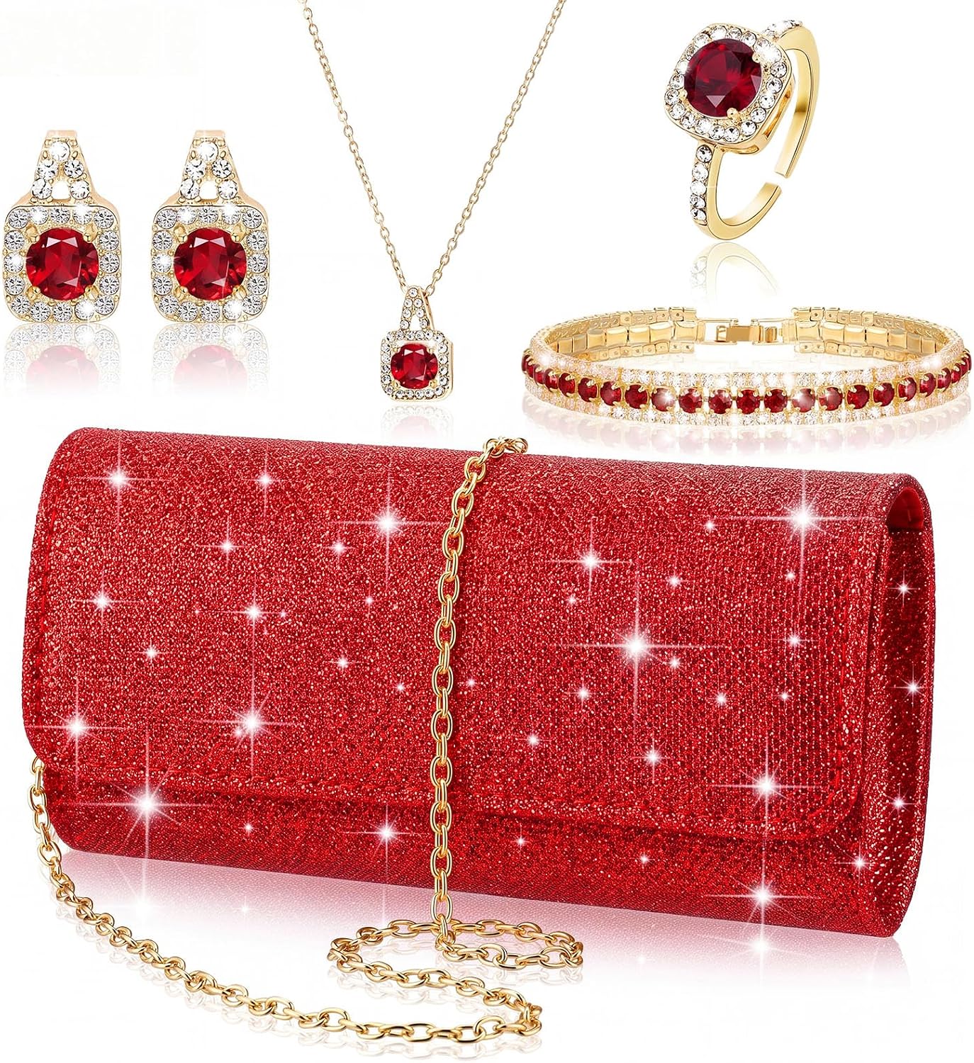 Canchiing 5 Pcs Rhinestone Jewelry Set for Women Clutch Purse