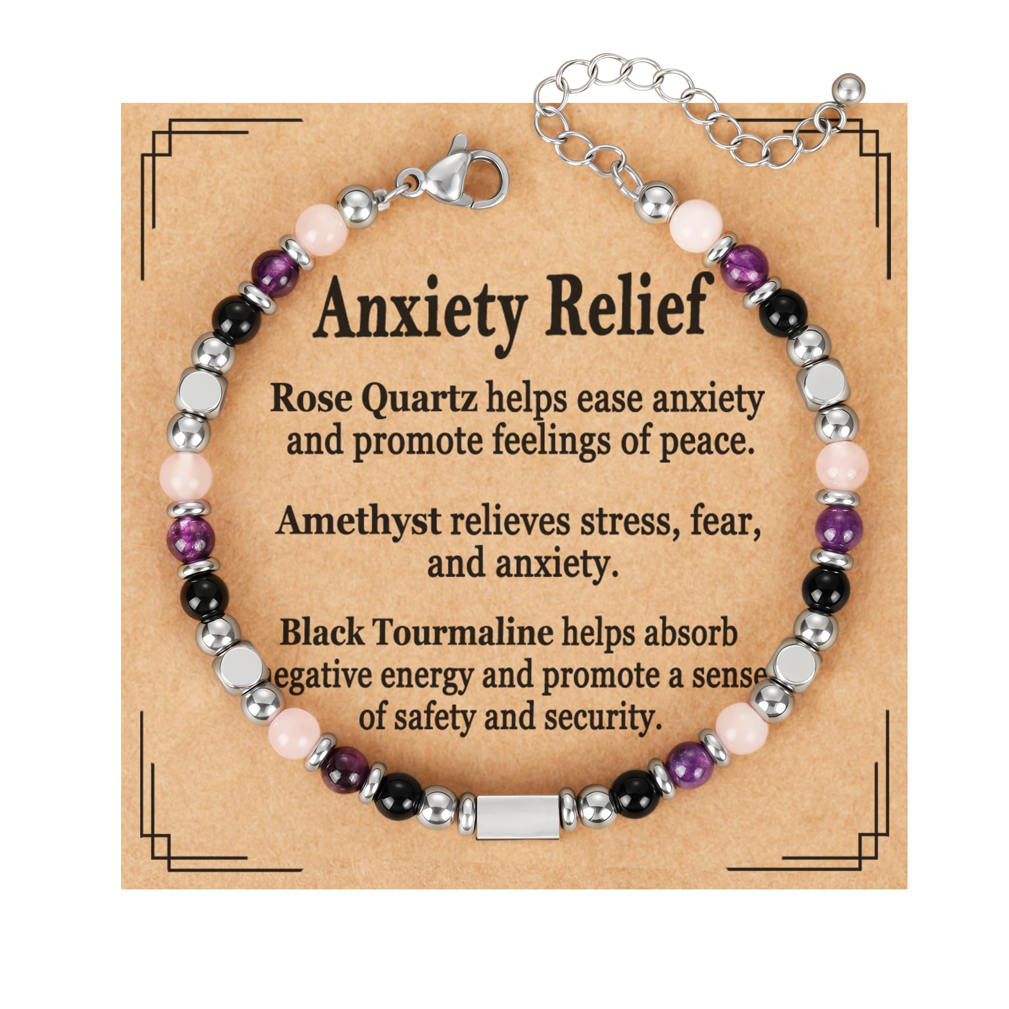 Natural Healing Crystal Bracelet for Women, Triple Protection Anxiety Relief New Beginnings Good Luck Empath Protection Jewelry Gift for Friends Daughter Mom 6.5+1.8 Inches