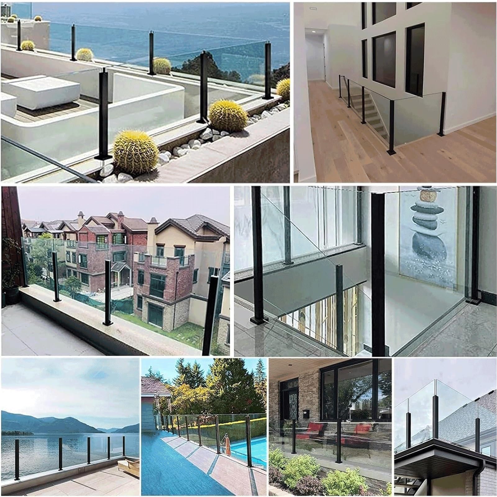 System słupków balustradowych ze stali nierdzewnej 304, bez dziurkowania, z podstawą szczelinową, na schody, balkon, taras, ogrodzenie basenu, łatwa instalacja, bez dodatkowego słupka, 60 cm, czarna)