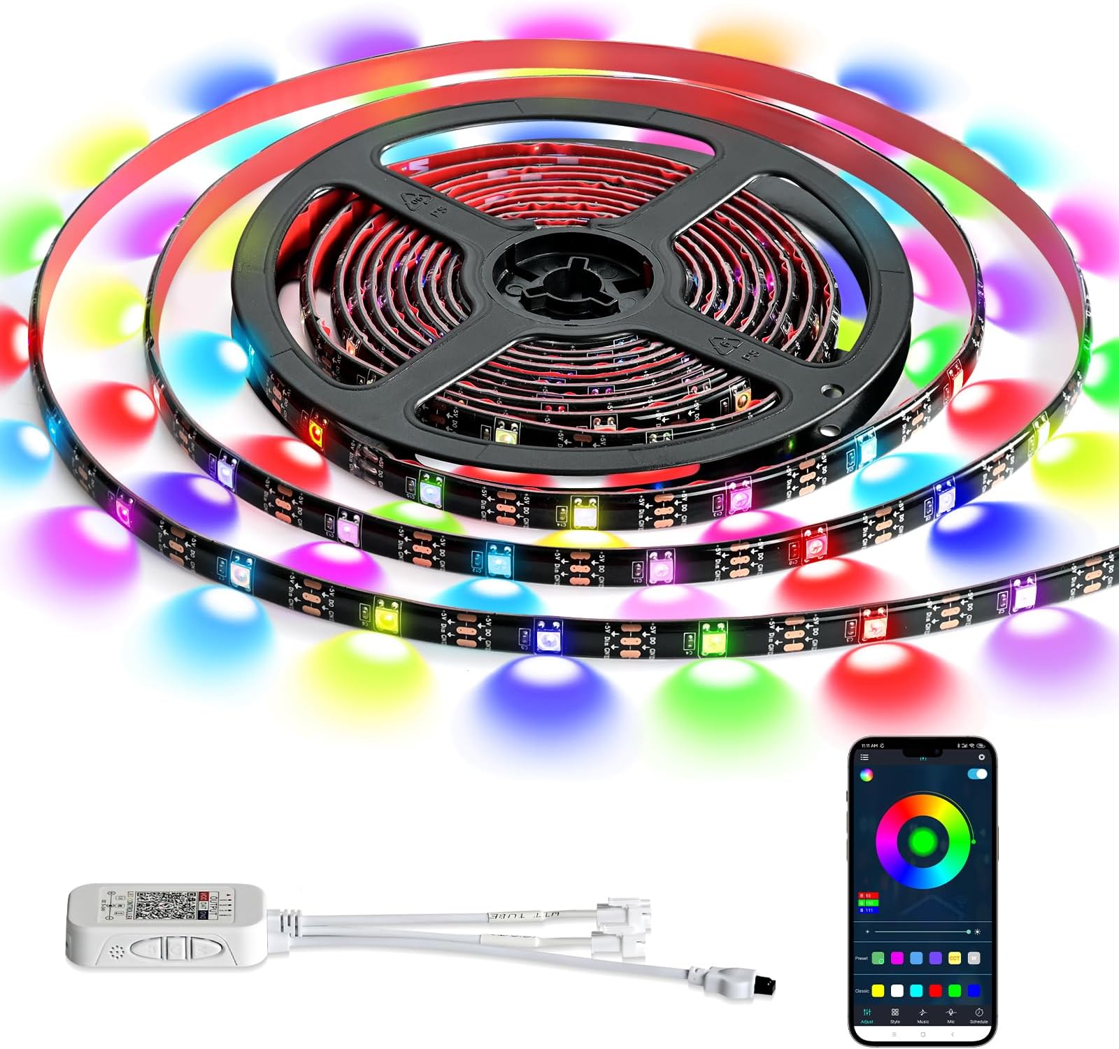 Upgrade Smart RGB Music Sync Multiple Colors Chasing 16.4ft neon Led Strip Lights Cuttable and Linkable, Flexible Outdoor Led Strip Lights Waterproof, Button or APP Control led Lights Strip