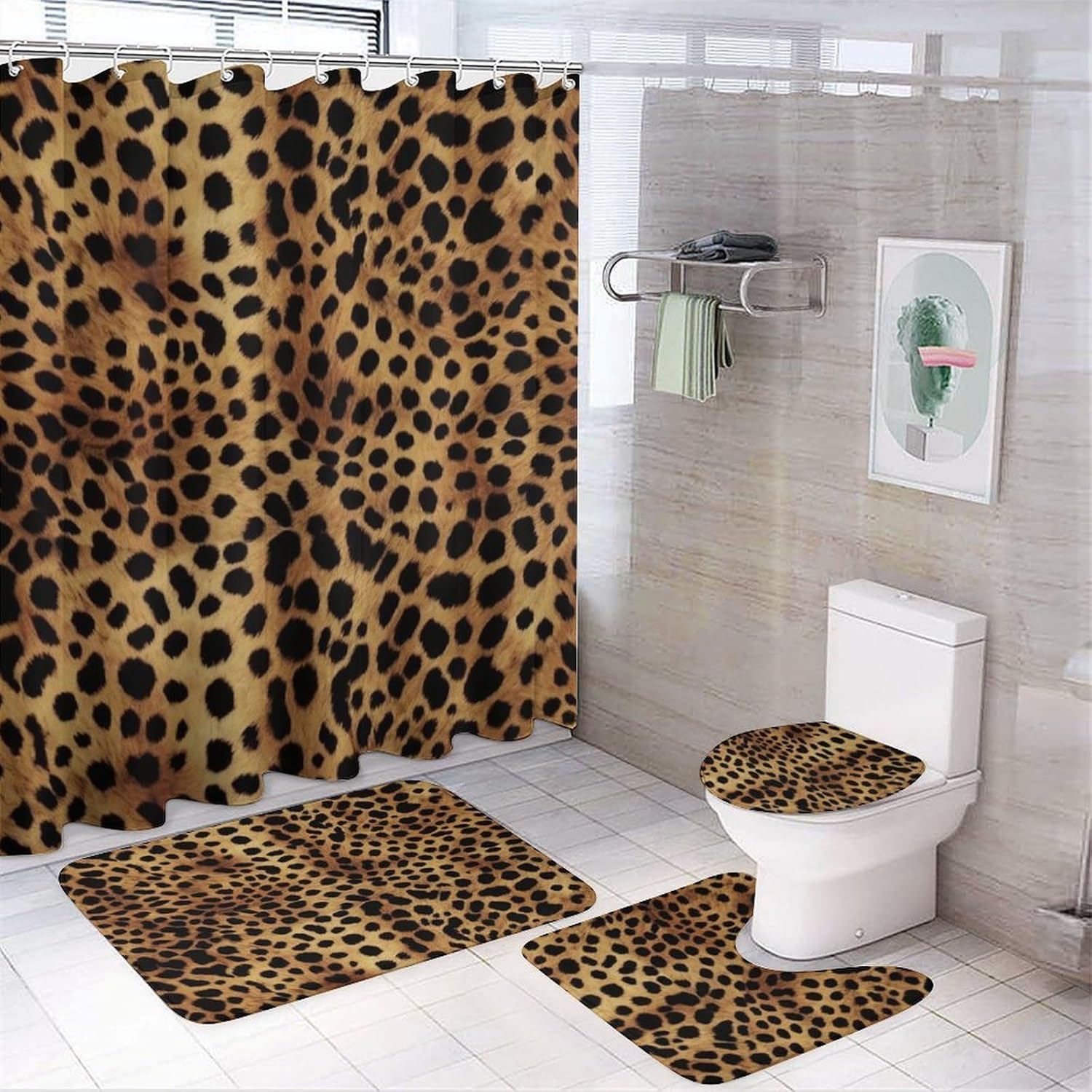 Four Piece Bathroom Set with Toilet Lid Cover and Non-Slip Rugs Minimalist Shower Curtain for Bathroom Set