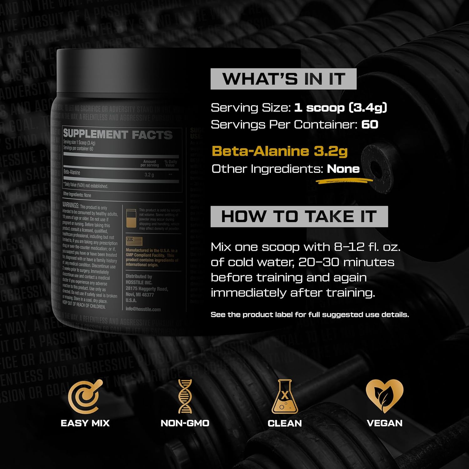 HOSSTILE Beta-Alanine Powder, Pre Workout, Delays Muscular Fatigue, Increases Strength & Performance, Unflavored, 60 Servings - Image 3