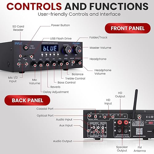 Miniatura 2 de Pyle Amplificador de transmisión Bluetooth inalámbrico, receptor de audio doméstico multicanal de 200 W con entrada y salida de alta definición,