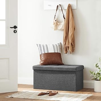 SONGMICS Saklama Alanlı Oturma Bankı, Oturma Sandığı, Tabure, Saklama Kutusu, Ayak Koyma Yeri, Katlanabilir, 300 Kg'A Kadar Taşıyabilir, 80 L, 76 x 38 x 38 cm, Suni Keten, Koyu Gri, Spf47K