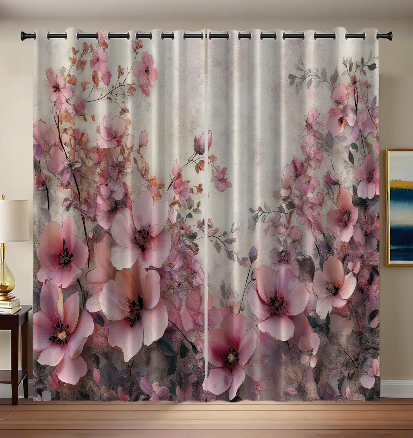 MULERN Vintage Curtains Eyelet, Soft Thermal Insulated Blackout Curtains, Pink Floral Print Pattern Ring Top Window Drapes For Bedroom Living Room W 46" X L 72" Drop 2 Panels