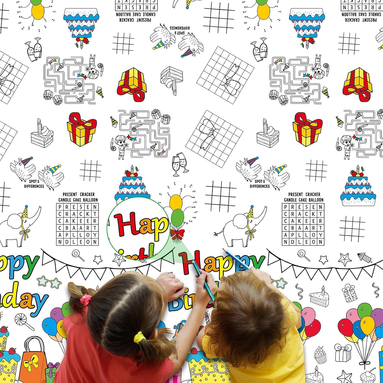 53.9x107.8 Inch Happy Birthday Coloring Tablecloth for Kids Giant Coloring Poster Large Huge Birthday Poster Table Cloth Party Decoration Color Page Sheets Book Crafts Activity for Gift Wall Classroom