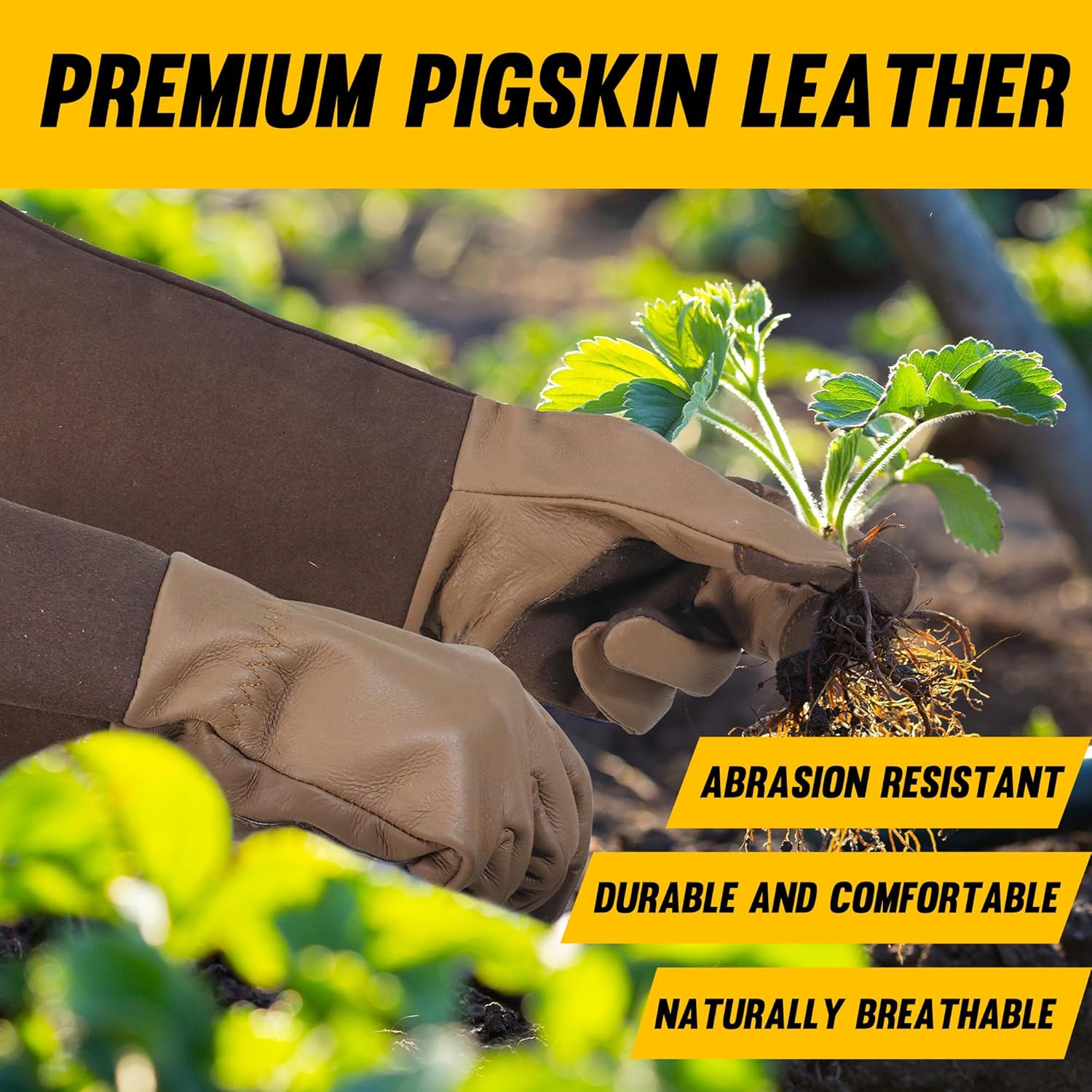 HANDLANDY Long Gardening Gloves for Men & Women, Cowhide Leather Rose Pruning Gloves- Breathable & Durable Gauntlet Glove (Medium, Brown) - Image 2