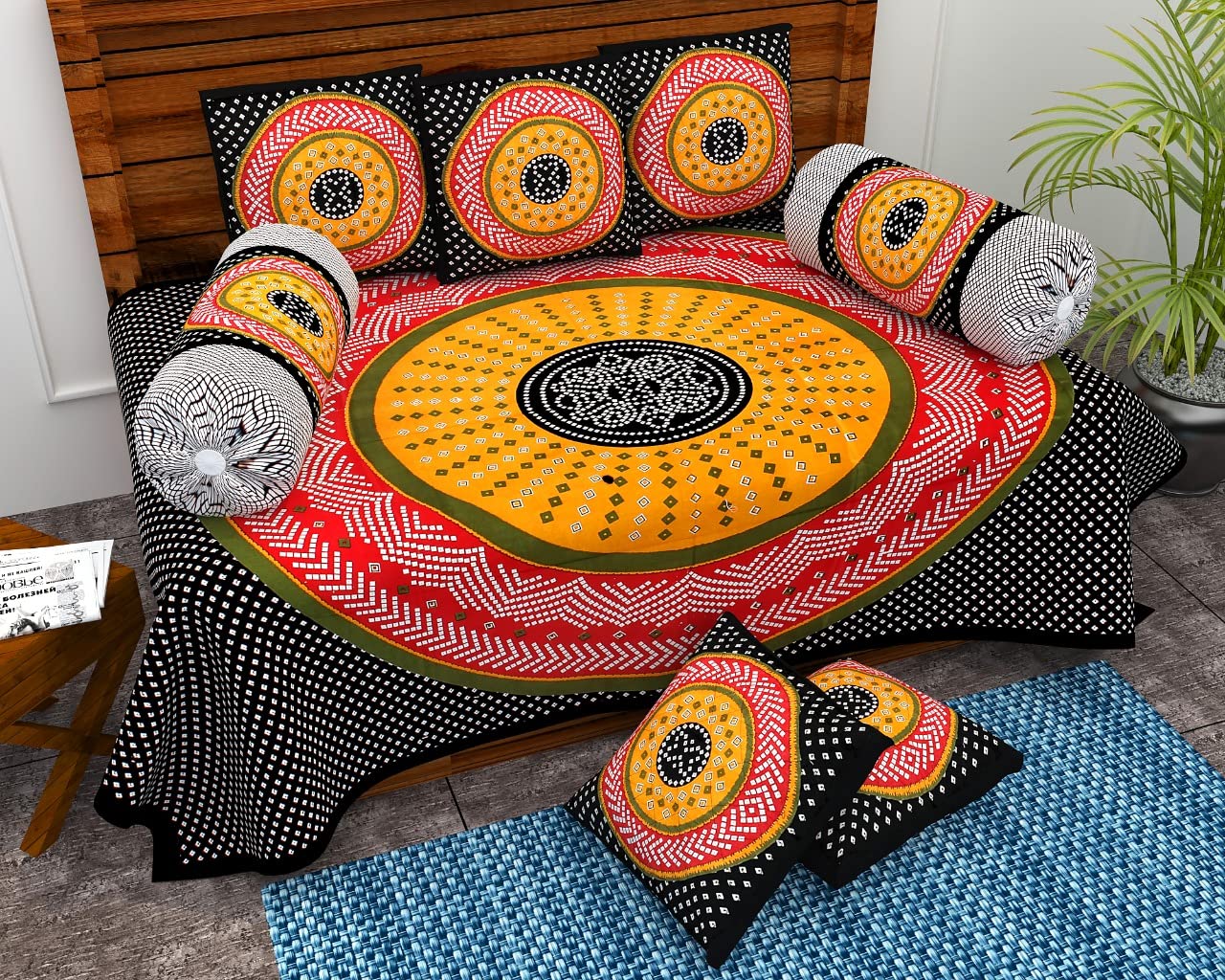 by Jaipur Fabrics | BADMERI Printed Diwan Set | Pure Cotton | Set Contains- 8 Pieces (1 Single Bedsheet, 2 Boster Covers, 5 Cushion Covers | (DSN 3)-CO1