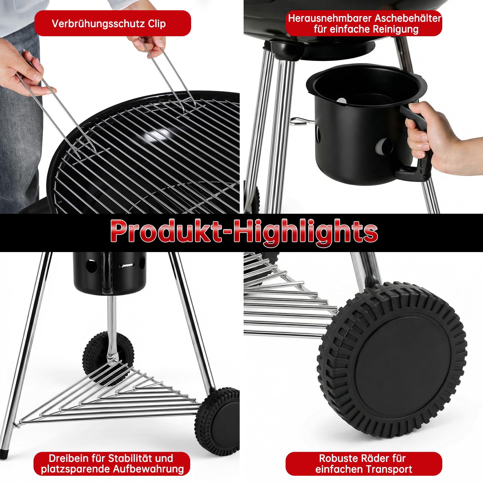 TLSUNNY Kugelgrill Ø 57 cm, Holzkohlegrill/Porzellanemaillierter Deckel und Kessel, 55 cm Grillfläche, H97 cm, Grill Holzkohle für Camping, mit abnehmbaren Aschekasten, Dreibein-Ständer und 2PCS Räder