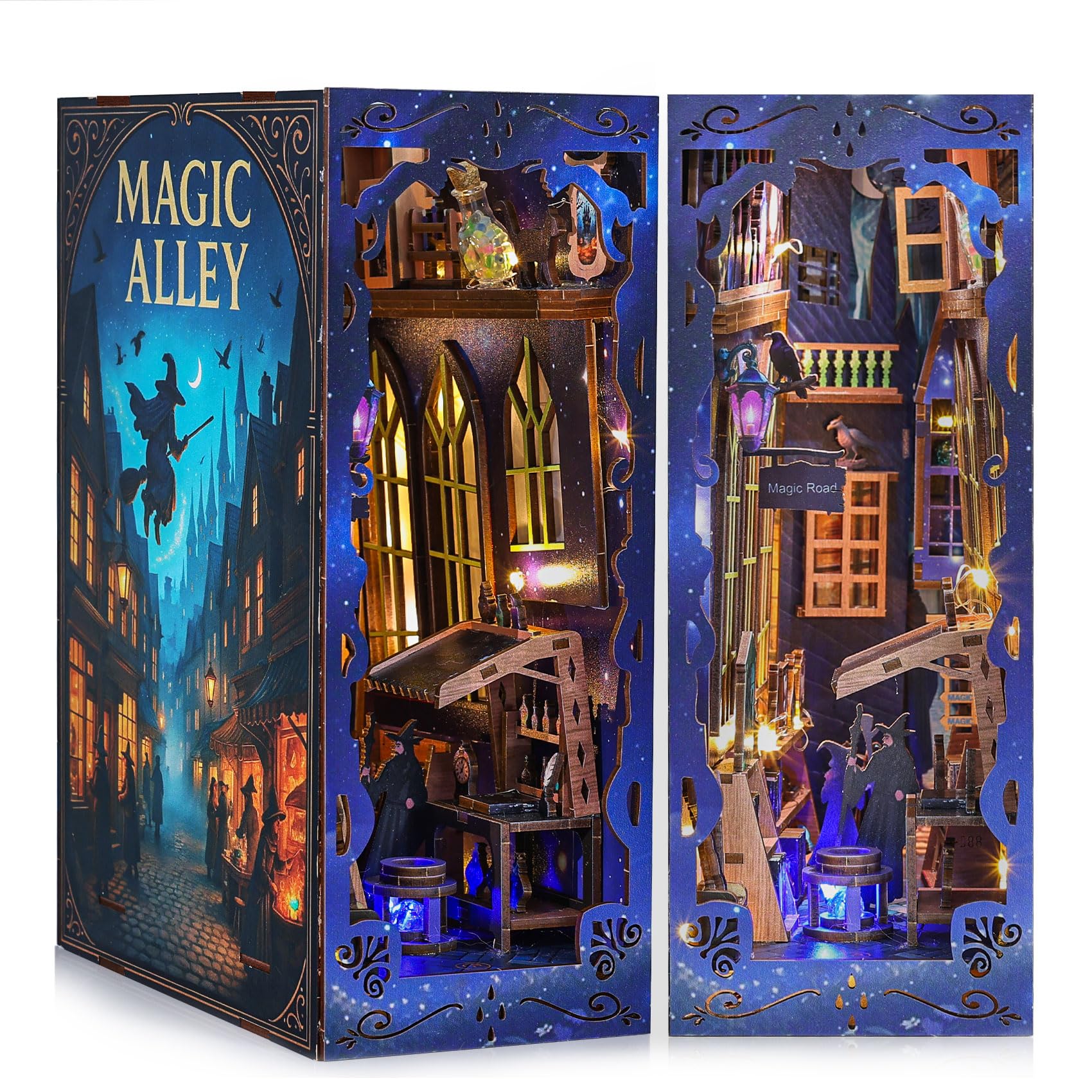 DIY-Set für Erwachsene – Magic Alley Miniatur-Haus Diorama, 3D-Puzzle aus Holz, Bücherregal mit LED-Licht, Miniatur-Zauberer-Thema, Geschenk für Fantasy-Liebhaber