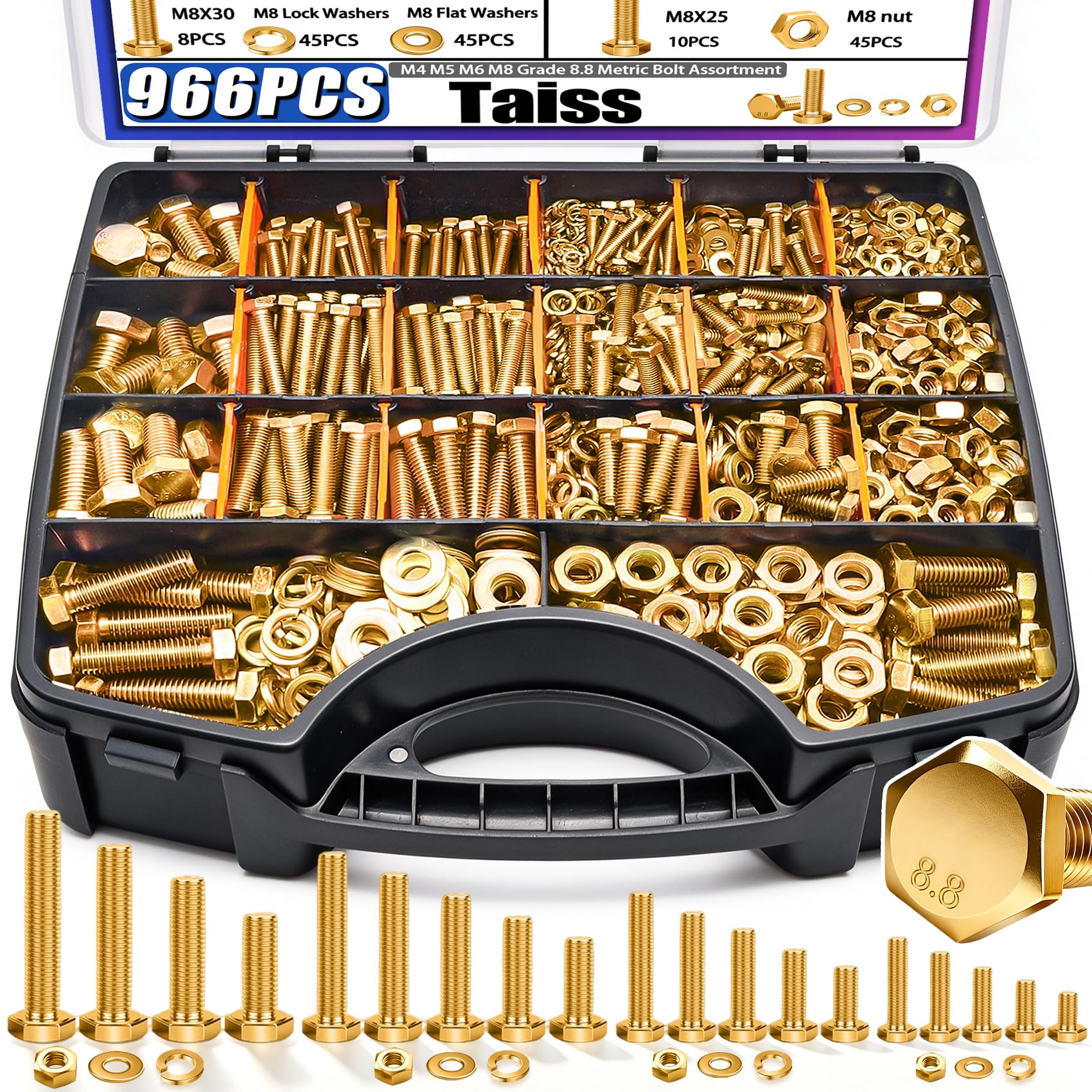 Taiss Assortiment de 966 boulons métriques et écrous hexagonaux M4 M5 M6 M8 de grade 8.8 (12-30 mm) plaqué zinc jaune