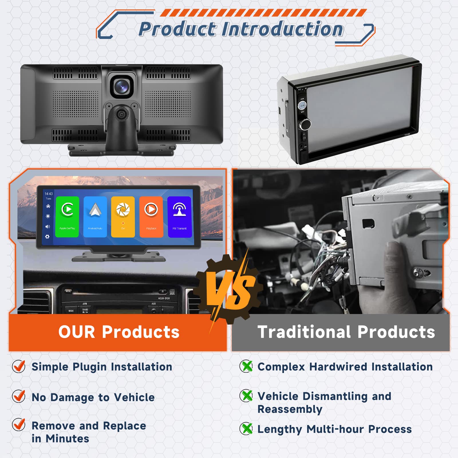 Podofo Wireless Apple Carplay Car Stereo, Portable 9.3" HD IPS Touchscreen Car Radio Audio with Dash Cam, Wireless Android Auto, Loop Recording, Navigation, Bluetooth, AUX/FM Transmit+TF Card